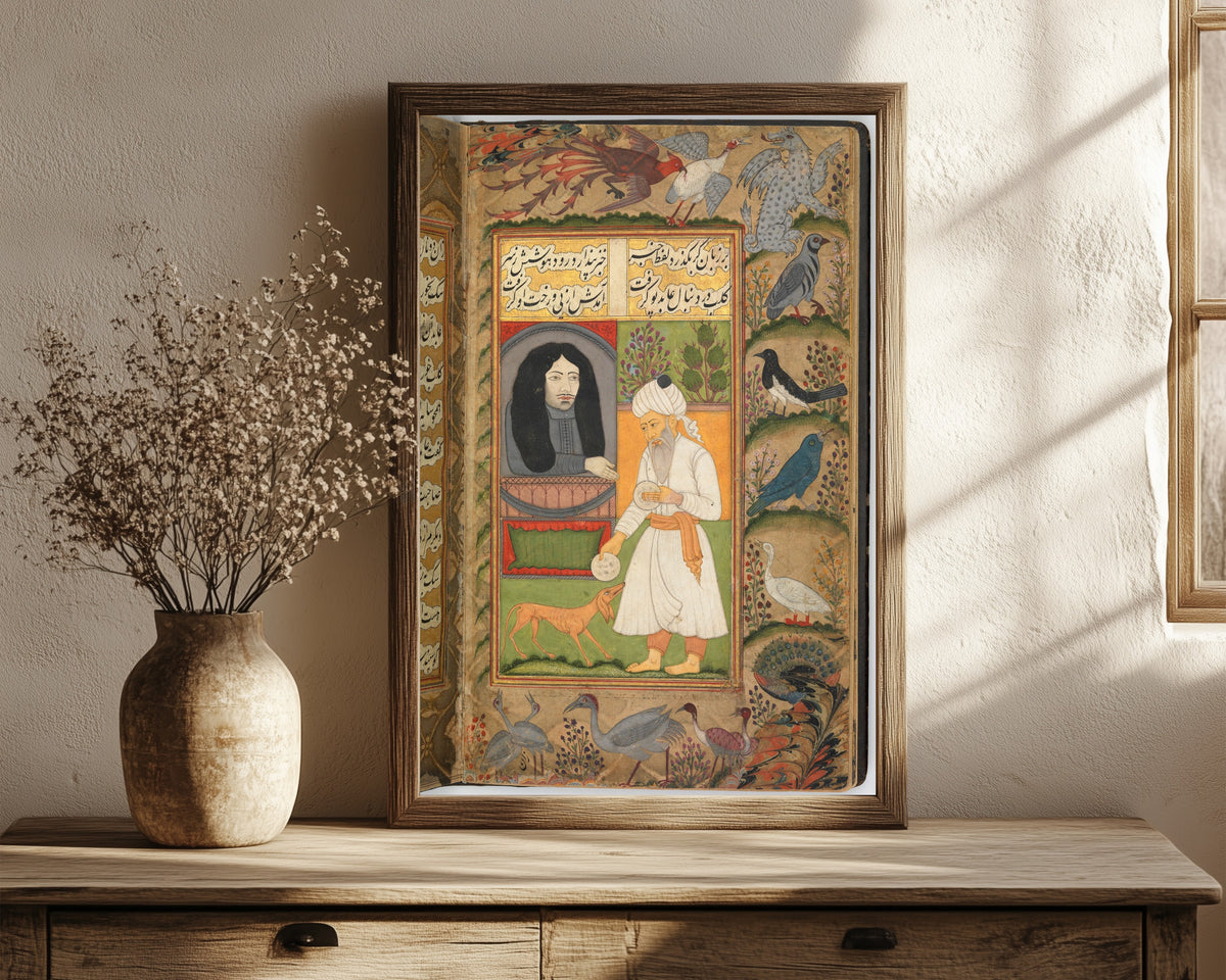 Framed art print of Nan va Halva (Breads and Sweets), in a dark wood frame leaning on a rustic console beside dried flowers