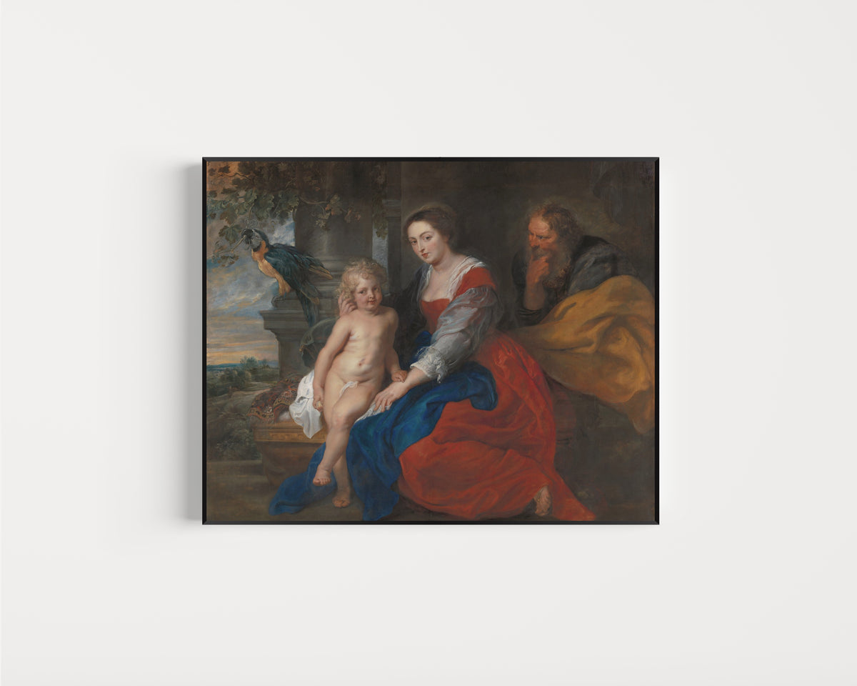 Framed art print of The Holy Family with the Parrot by Peter Paul Rubens, in a slim black frame on a plain white wall
