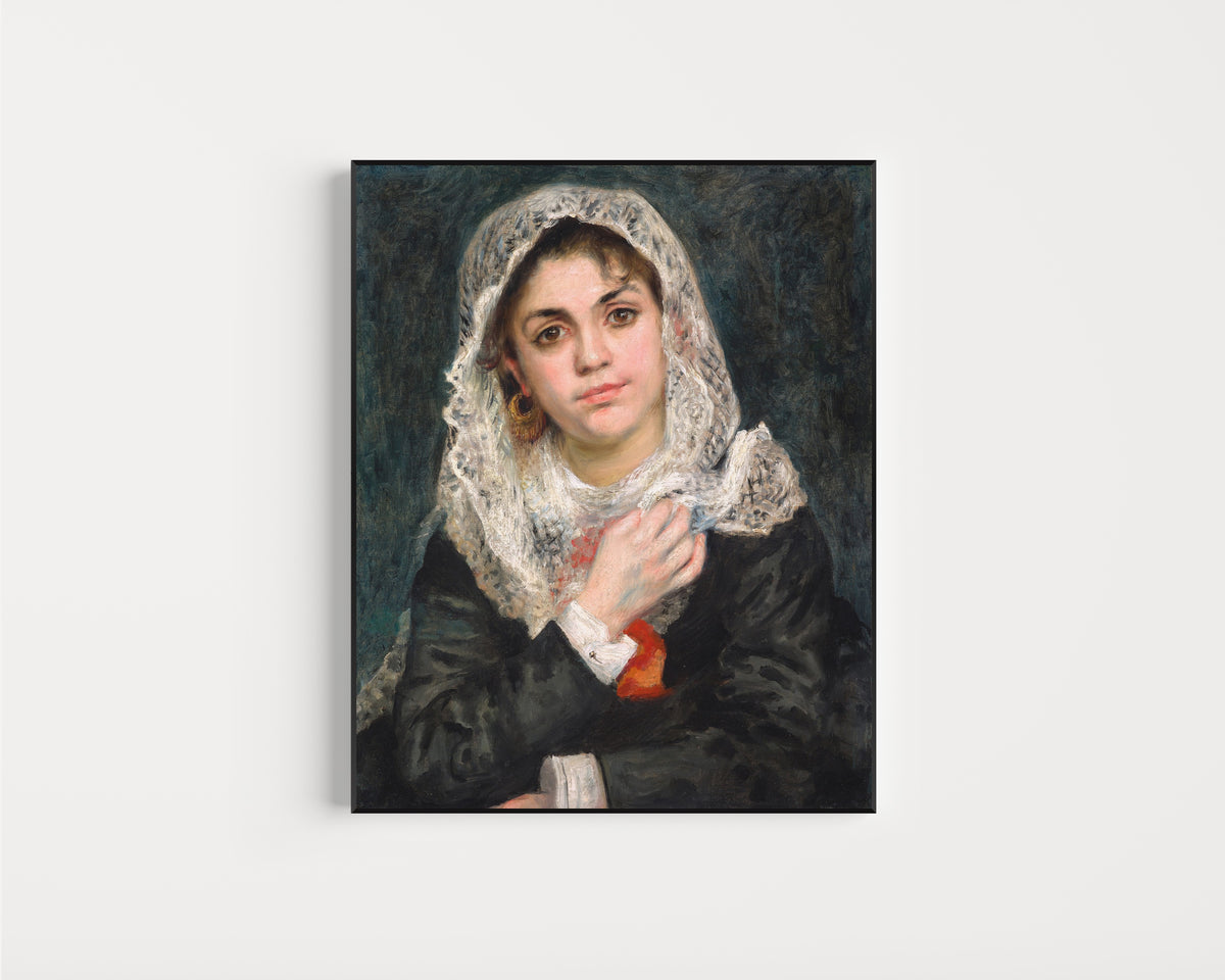 Framed art print of Lise in a White Shawl by Pierre-Auguste Renoir, in a slim black frame on a plain white wall