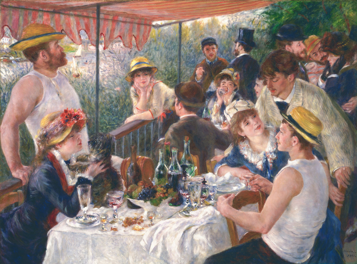 Luncheon of the Boating Party by Pierre-Auguste Renoir — A boating party lingers over wine and fruit on a shaded terrace