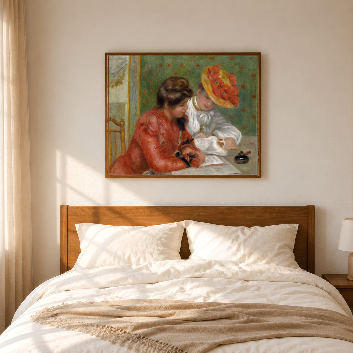 Framed art print of The Letter by Pierre-Auguste Renoir, in a slim wood frame above a bed in a sunlit bedroom