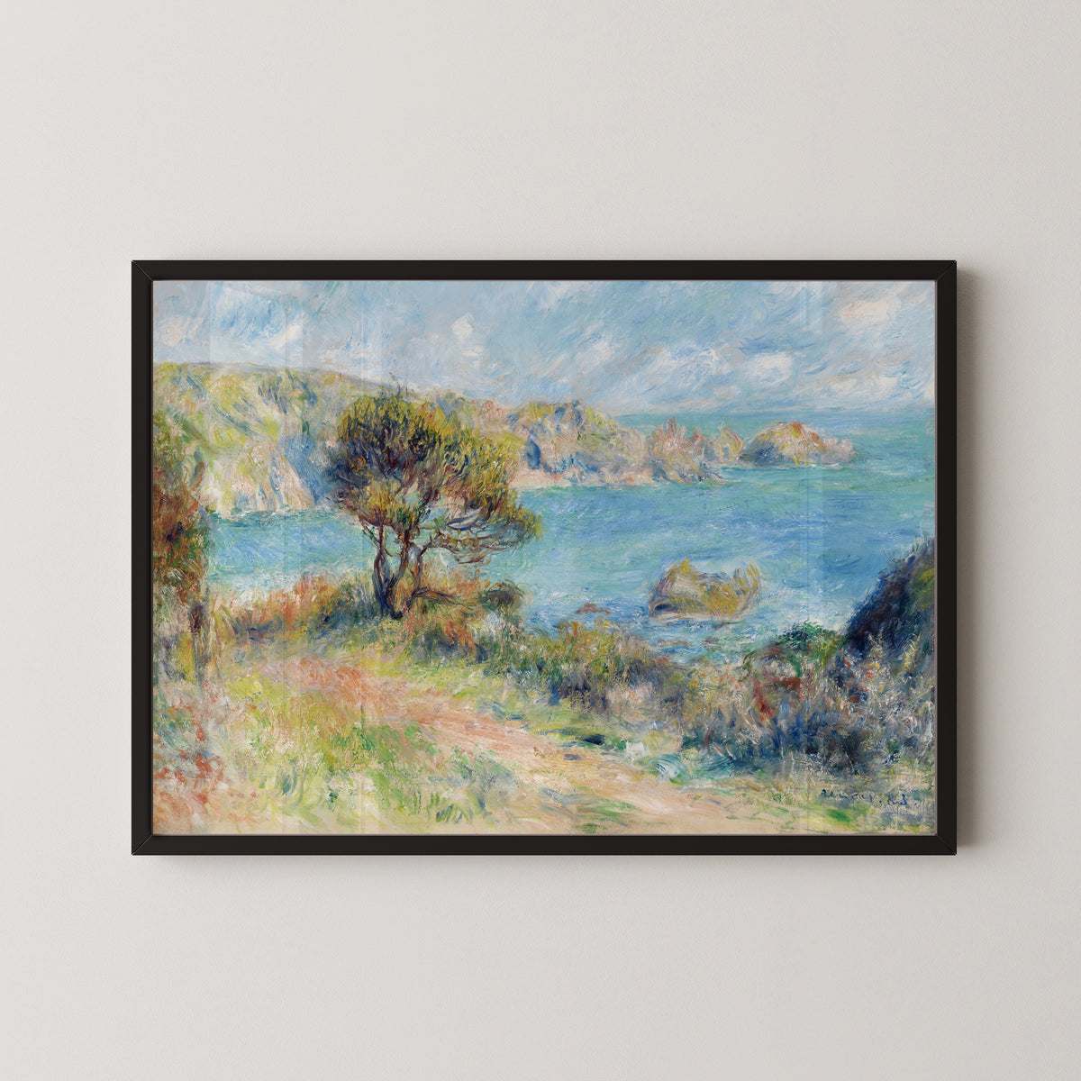 View at Guernsey by Pierre-Auguste Renoir — framed and leaning against olive-green panelling on a herringbone floor