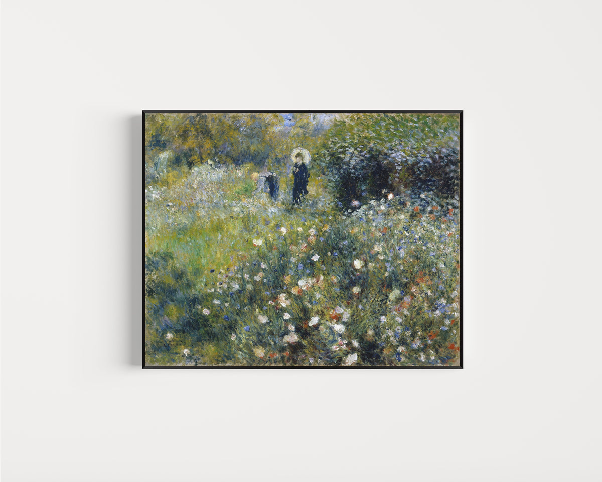 Framed art print of Woman with a Parasol in a Garden by Pierre-Auguste Renoir, in a slim black frame on a plain white wall