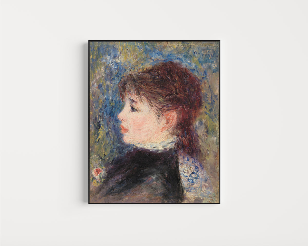 Framed art print of Young Woman with Rose by Pierre-Auguste Renoir, in a slim black frame on a plain white wall