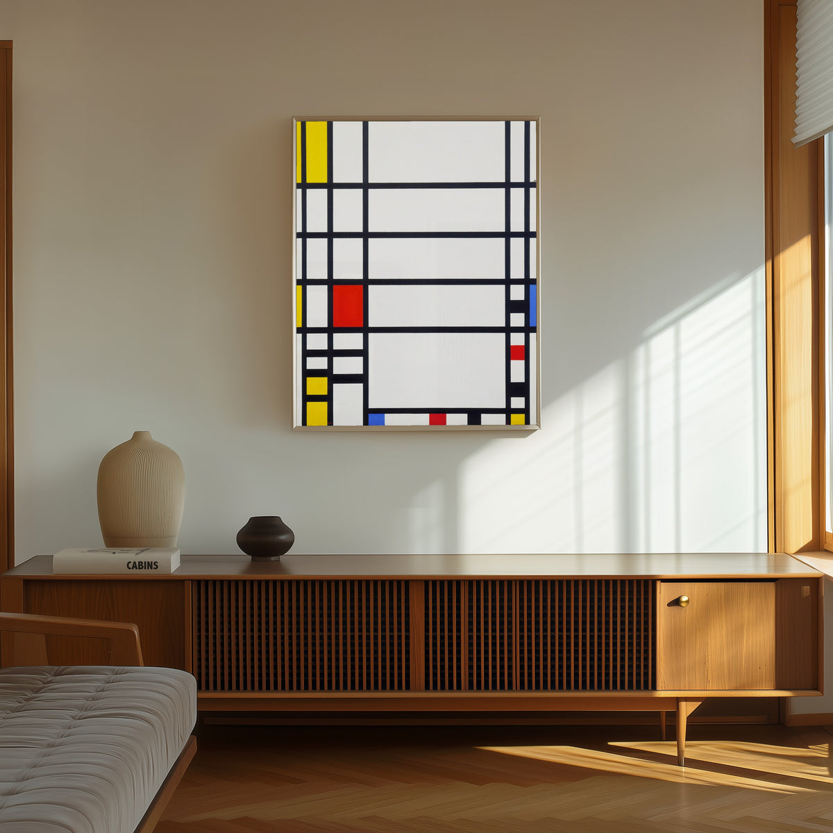 Framed art print of Trafalgar Square by Piet Mondrian, in a thin light frame on a sunlit wall above a wooden sideboard