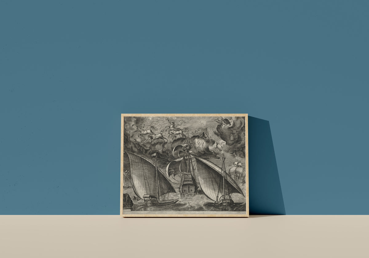 Framed art print of Two Galleys Sailing Behind an Armed Three-Master with Phaeton… by Pieter Bruegel the Elder, in a light wood frame leaning on a blue wall