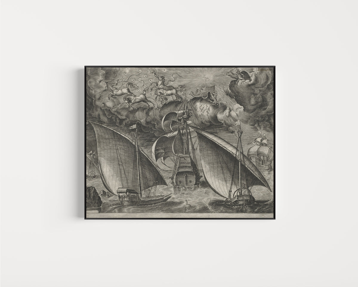 Framed art print of Two Galleys Sailing Behind an Armed Three-Master with Phaeton and… by Pieter Bruegel the Elder, in a slim black frame on a plain white wall