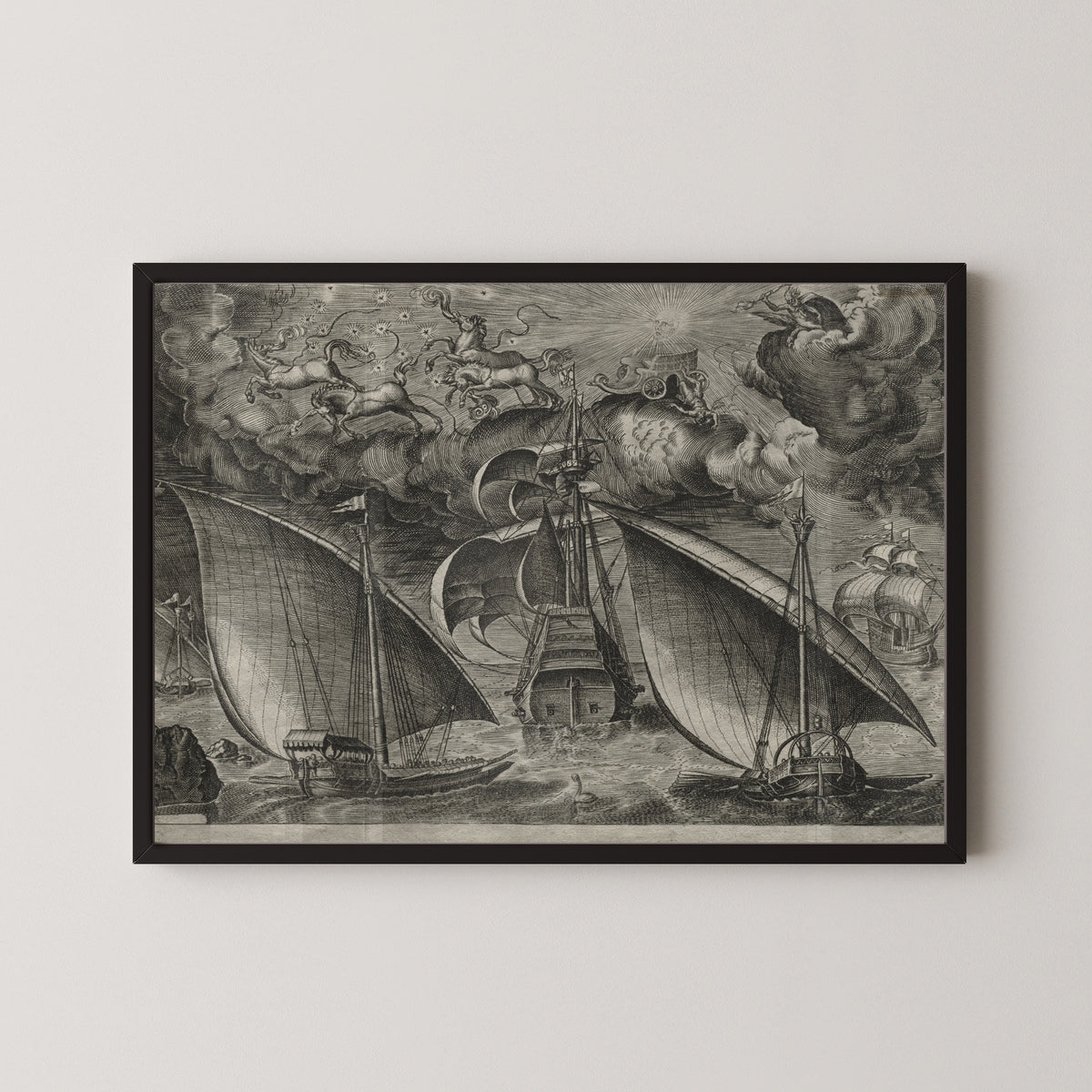 Pieter Bruegel the Elder — Two Galleys Sailing Behind an Armed Three-Master with Phaeton and Jupiter in the Sky | Engraving Print