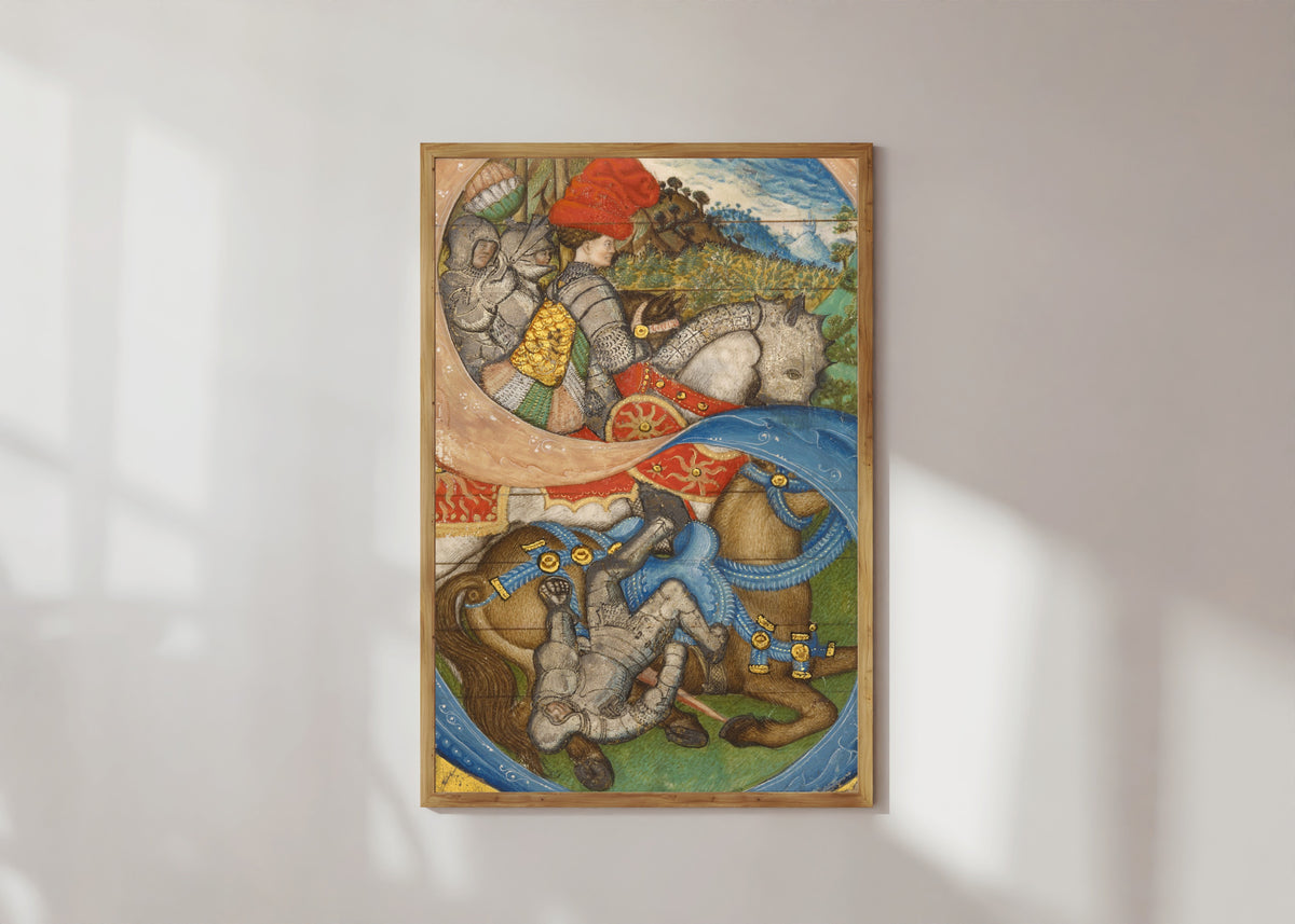 Framed art print of Initial S: The… by Pisanello (attributed) and Master of the Antiphonal Q of San Giorgio Maggiore (attributed), in a light wood frame on a sunlit white wall
