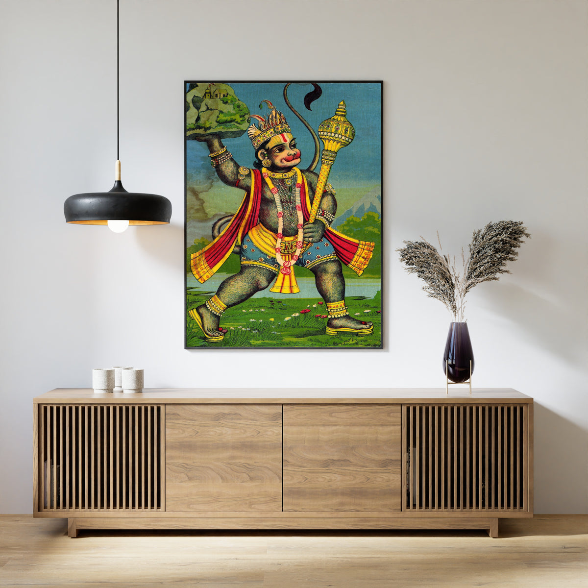 Ravi Varma Press — Mahavira Hanuman (Hanuman Fetches the Herb-Bearing Mountain) | Fine Art Print