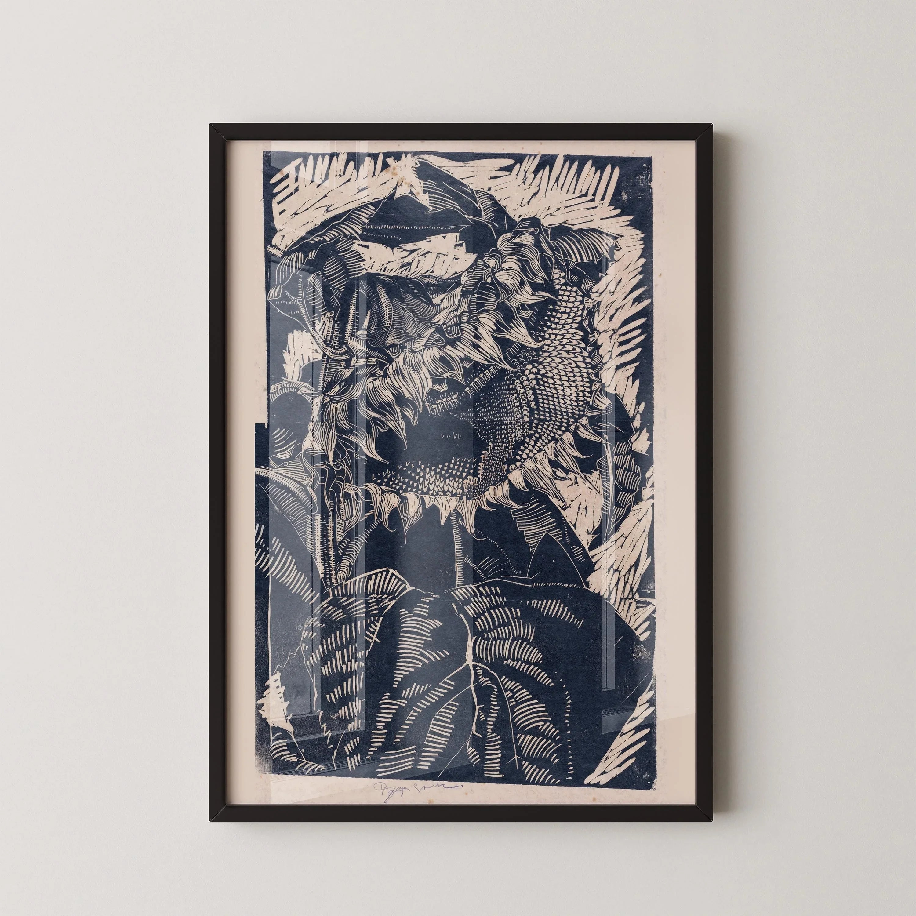 Reijer Stolk – Sunflowers in Indigo (c. 1915) | Striking Expressionist Woodcut (available handframed or unframed) - 9ArtPrints