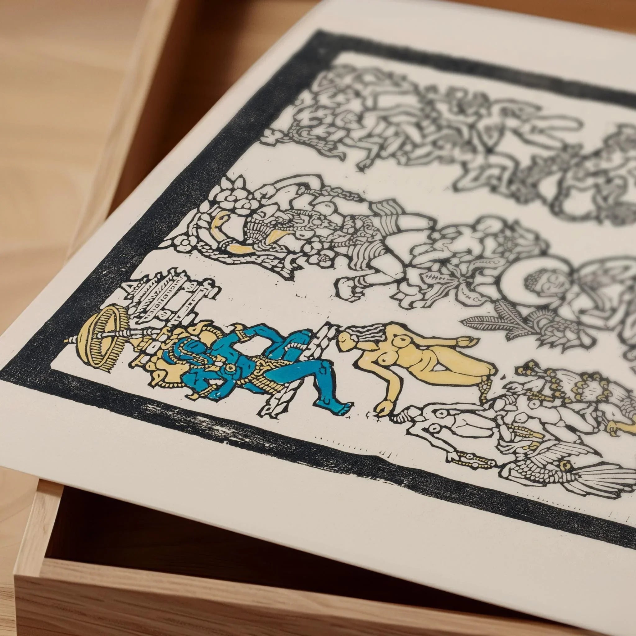 Reijer Stolk – Indian Motif (c. 1920) | Intricate Symbolist Woodcut with Gold & Blue Accents