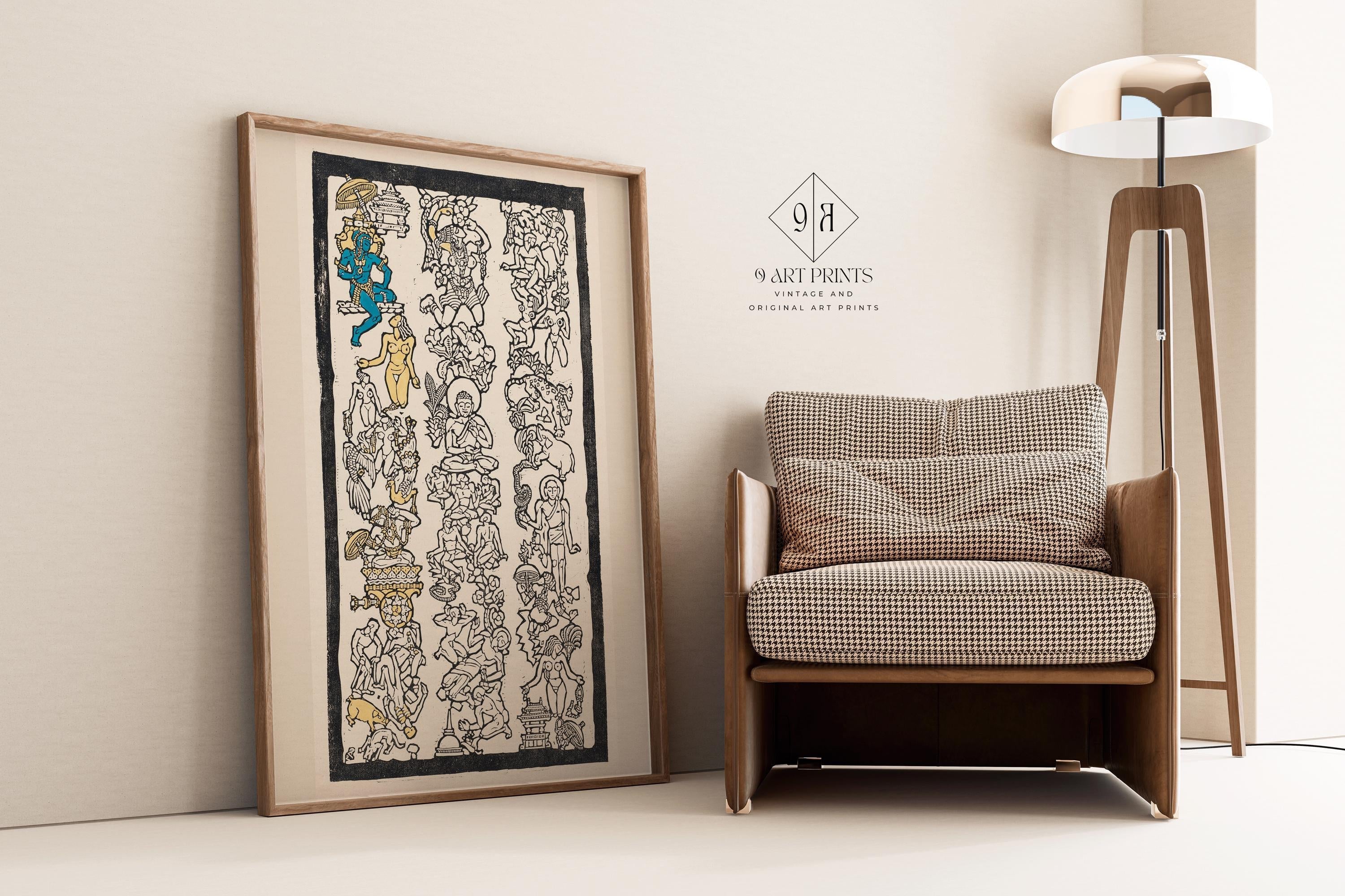 Reijer Stolk – Indian Motif (c. 1920) | Intricate Symbolist Woodcut with Gold & Blue Accents (available handframed or unframed) - 9ArtPrints