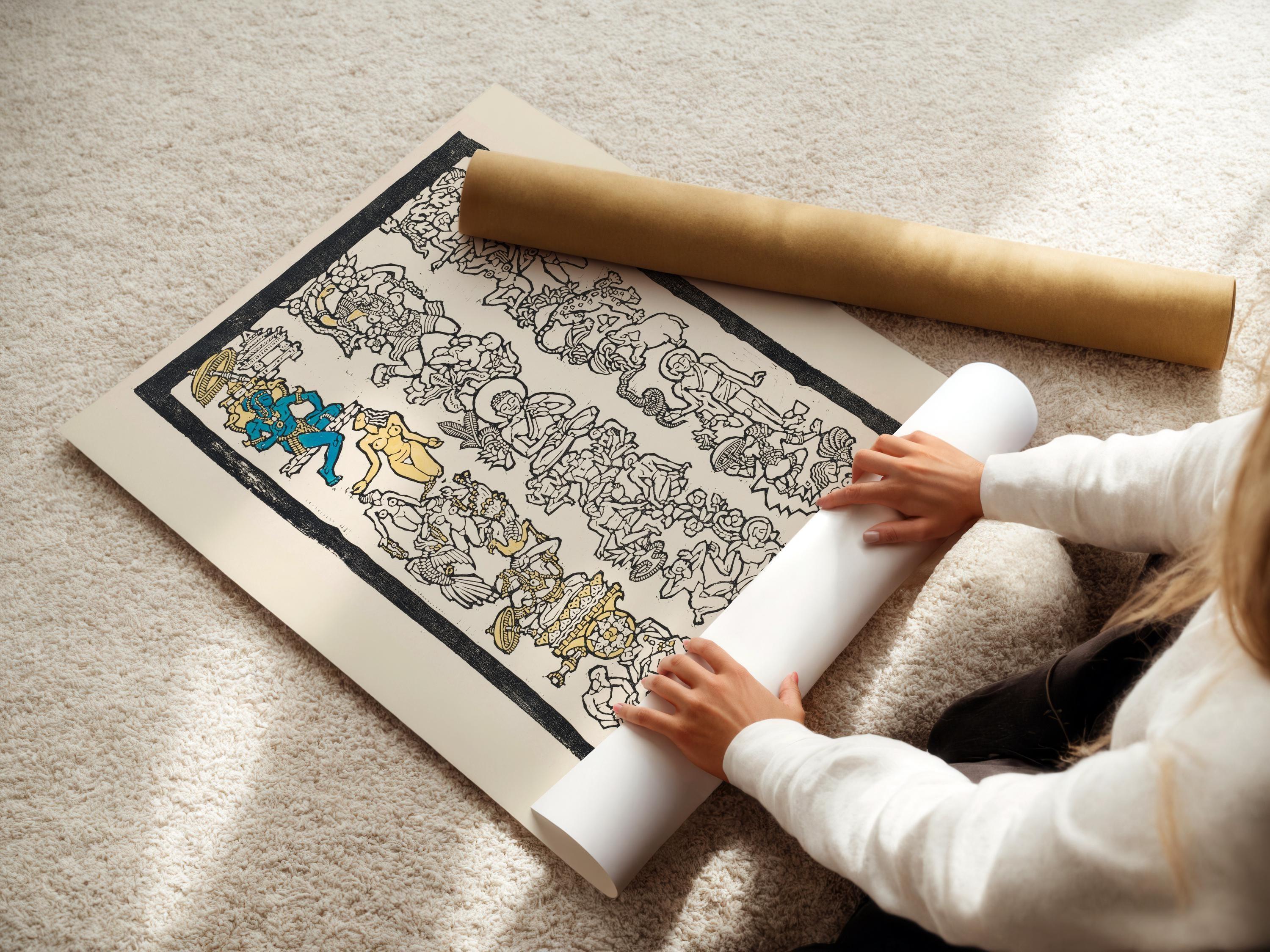 Reijer Stolk – Indian Motif (c. 1920) | Intricate Symbolist Woodcut with Gold & Blue Accents