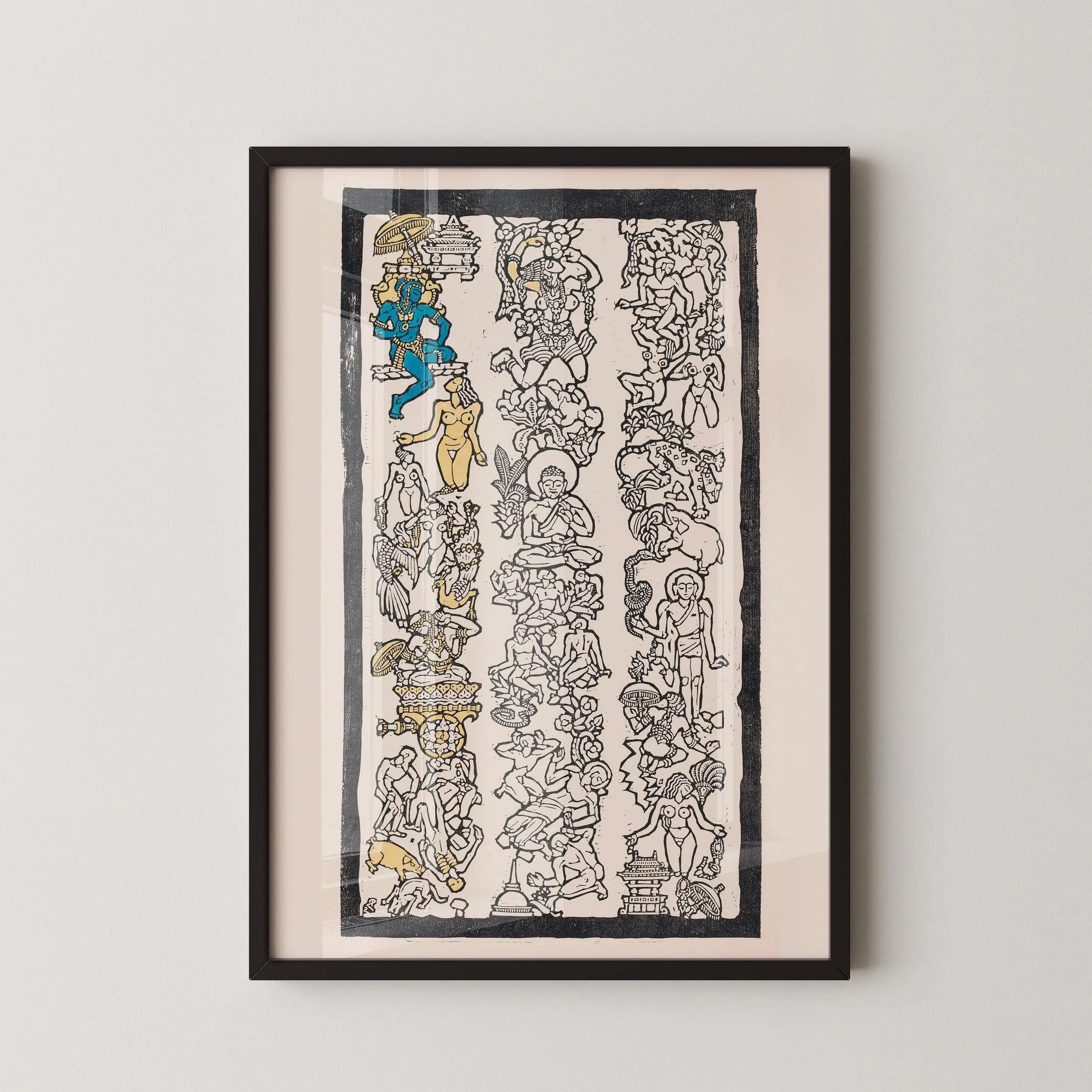Reijer Stolk Indian Motif Woodcut Print: Symbolist Art, Gold & Blue Accents - 9ArtPrints