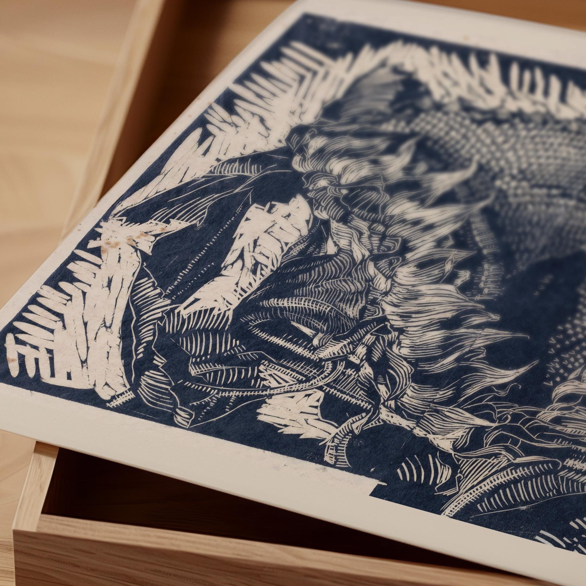 Reijer Stolk – Sunflowers in Indigo (c. 1915) | Striking Expressionist Woodcut (available handframed or unframed) - 9ArtPrints