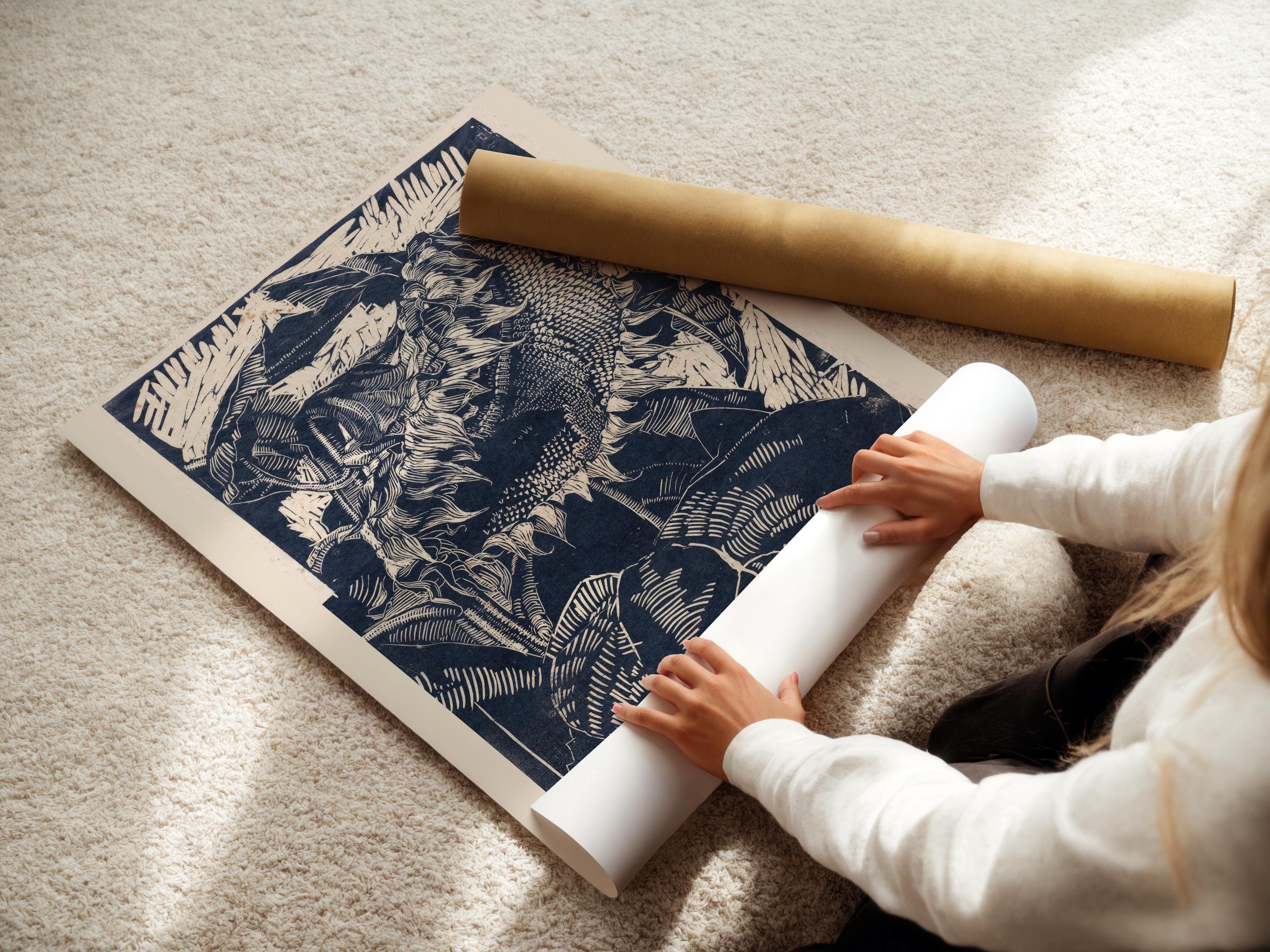 Reijer Stolk – Sunflowers in Indigo (c. 1915) | Striking Expressionist Woodcut