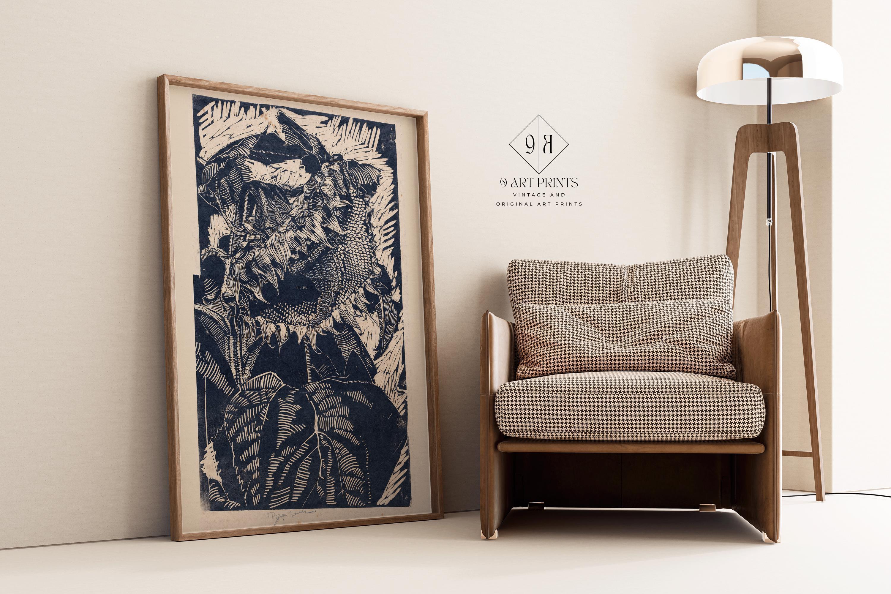 Reijer Stolk – Sunflowers in Indigo (c. 1915) | Striking Expressionist Woodcut