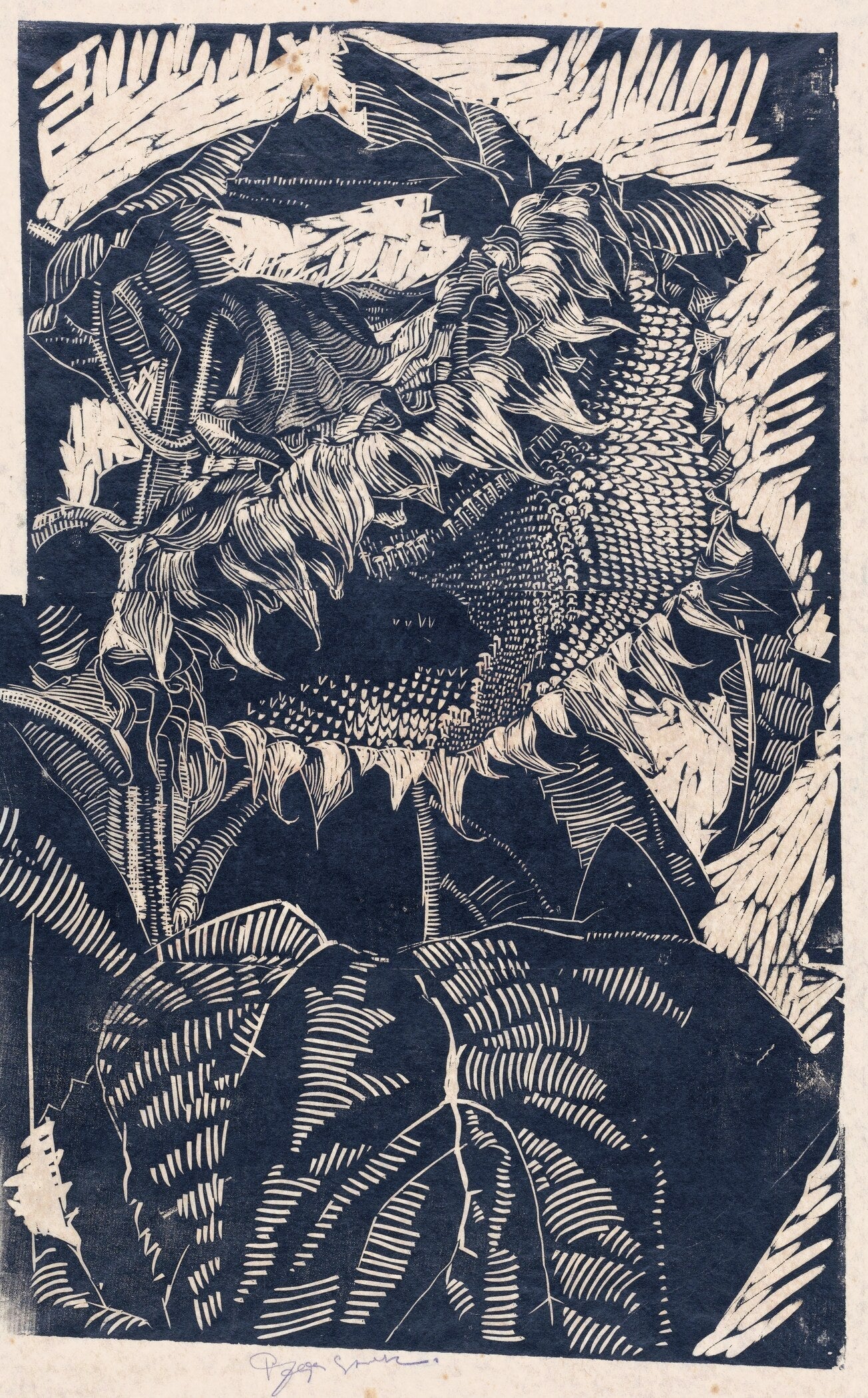 Reijer Stolk — Sunflowers in Indigo | Expressionist Woodcut Print - 9ArtPrints