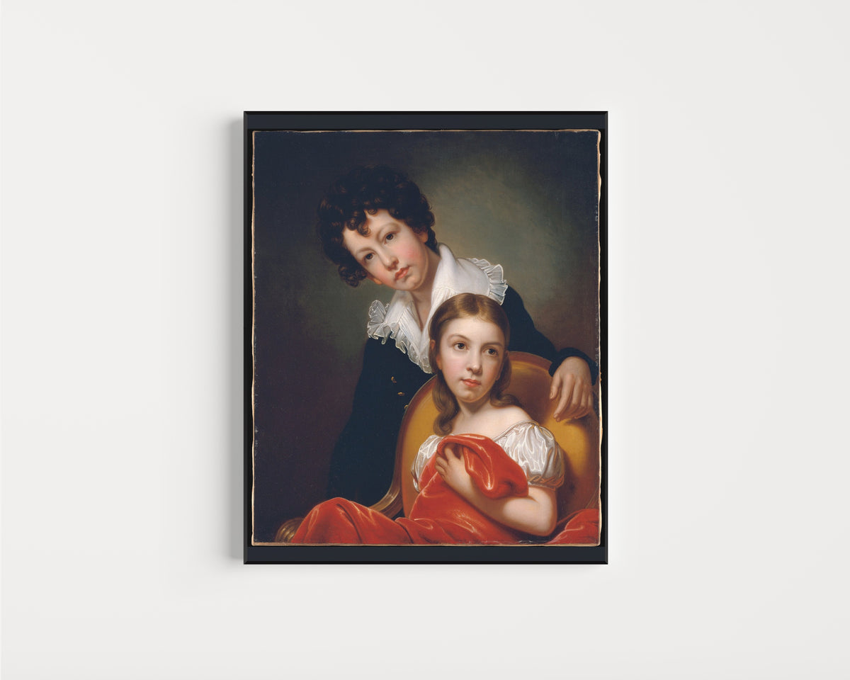 Framed art print of Michael Angelo and Emma Clara Peale by Rembrandt Peale, in a slim black frame on a plain white wall