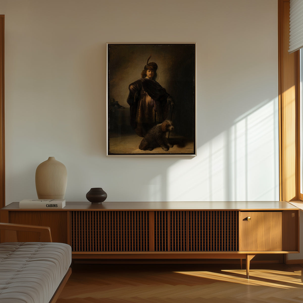 Framed art print of Portrait of the Artist in Oriental Costume by Rembrandt van Rijn, in a thin light frame on a sunlit wall above a wooden sideboard
