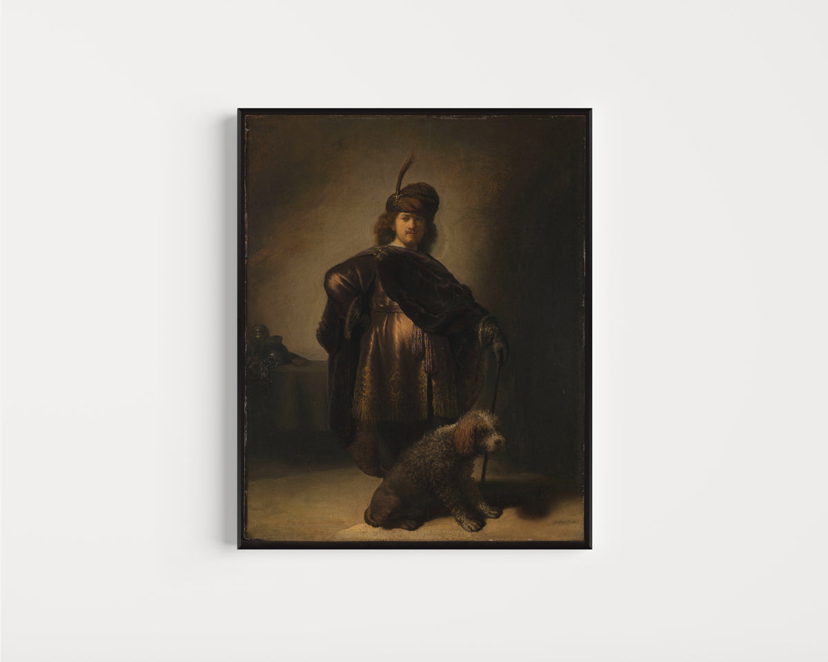 Framed art print of Portrait of the Artist in Oriental Costume by Rembrandt van Rijn, in a slim black frame on a plain white wall