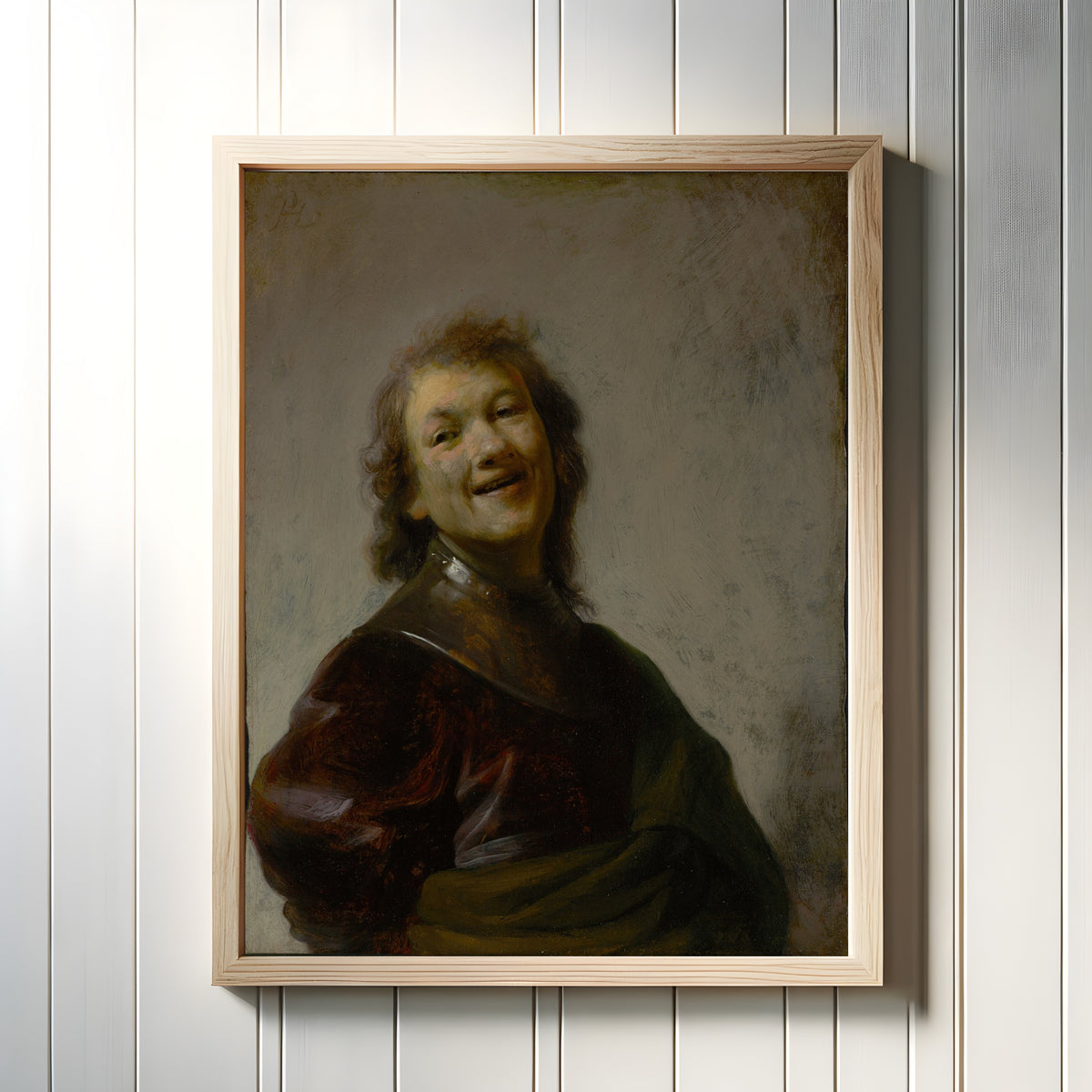 Framed art print of Rembrandt Laughing by Rembrandt van Rijn, in a light wood frame on a white panelled wall