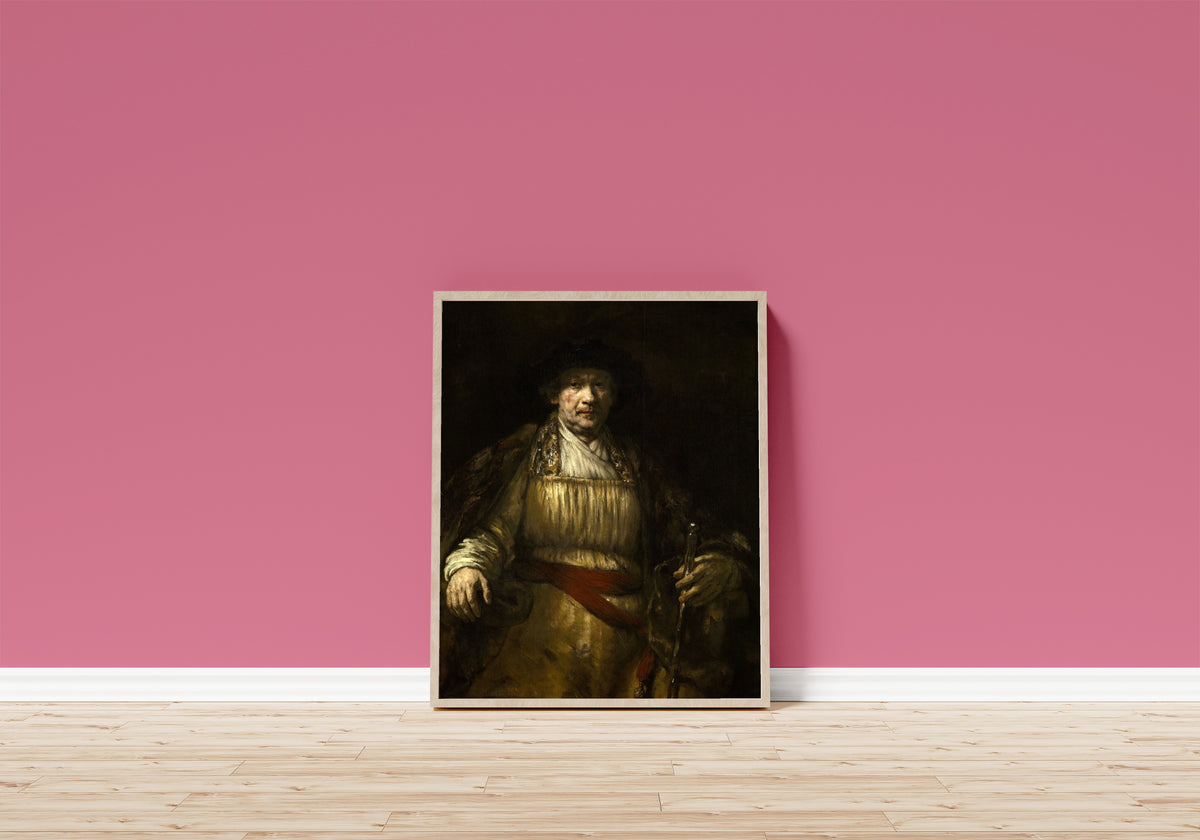 Framed art print of Self-Portrait (1658) by Rembrandt van Rijn, in a light wood frame leaning on a pink wall above a wooden floor