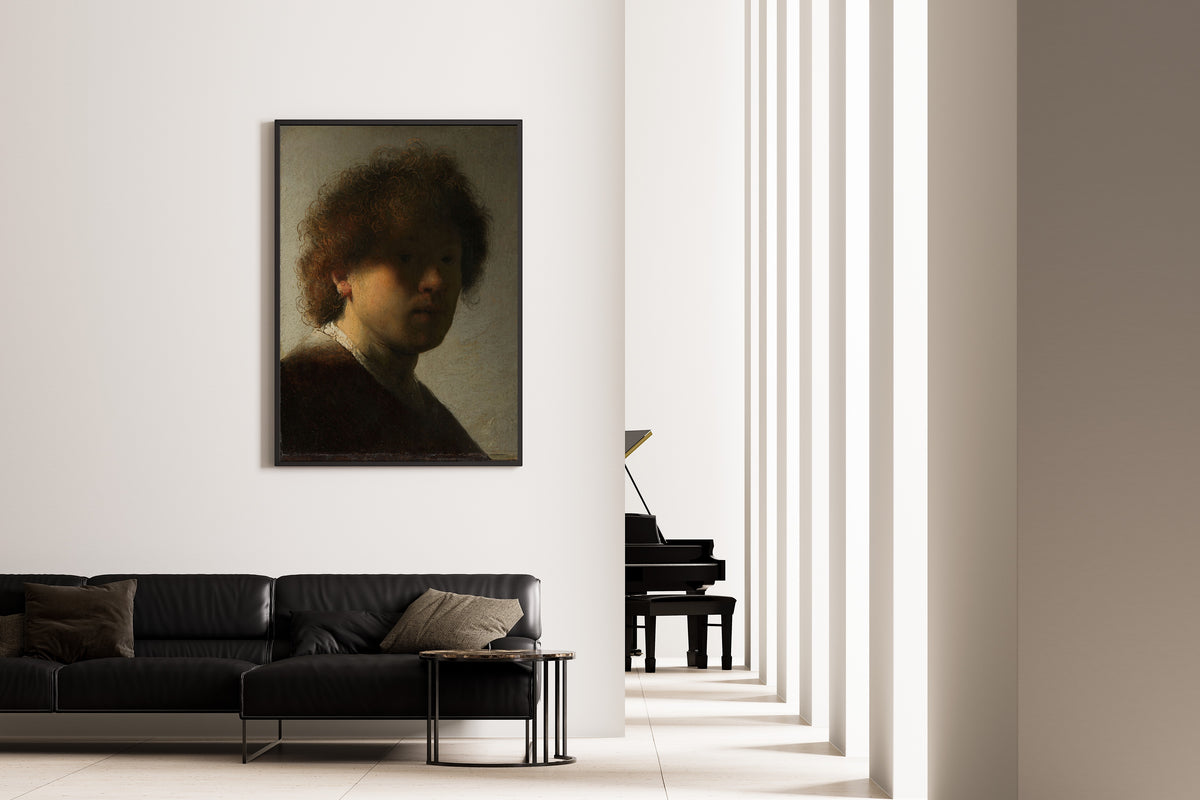 Self-portrait by Rembrandt van Rijn — framed on the wall of a minimal living room