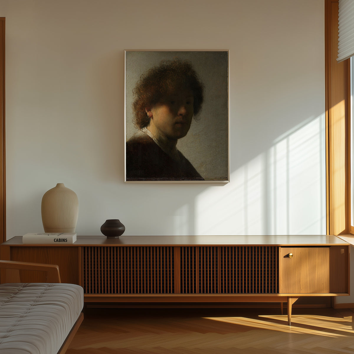 Framed art print of Self-portrait by Rembrandt van Rijn, in a thin light frame on a sunlit wall above a wooden sideboard