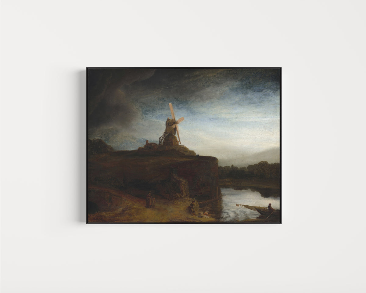 Framed art print of The Mill by Rembrandt van Rijn, in a slim black frame on a plain white wall