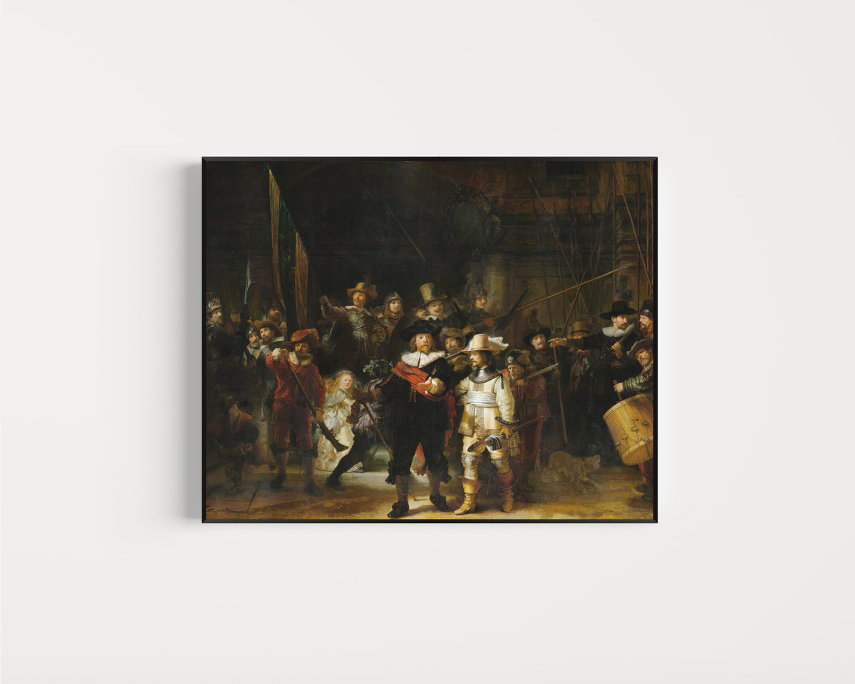 Framed art print of The Night Watch, Militia Company of District II under the Command of… by Rembrandt van Rijn, in a slim black frame on a plain white wall