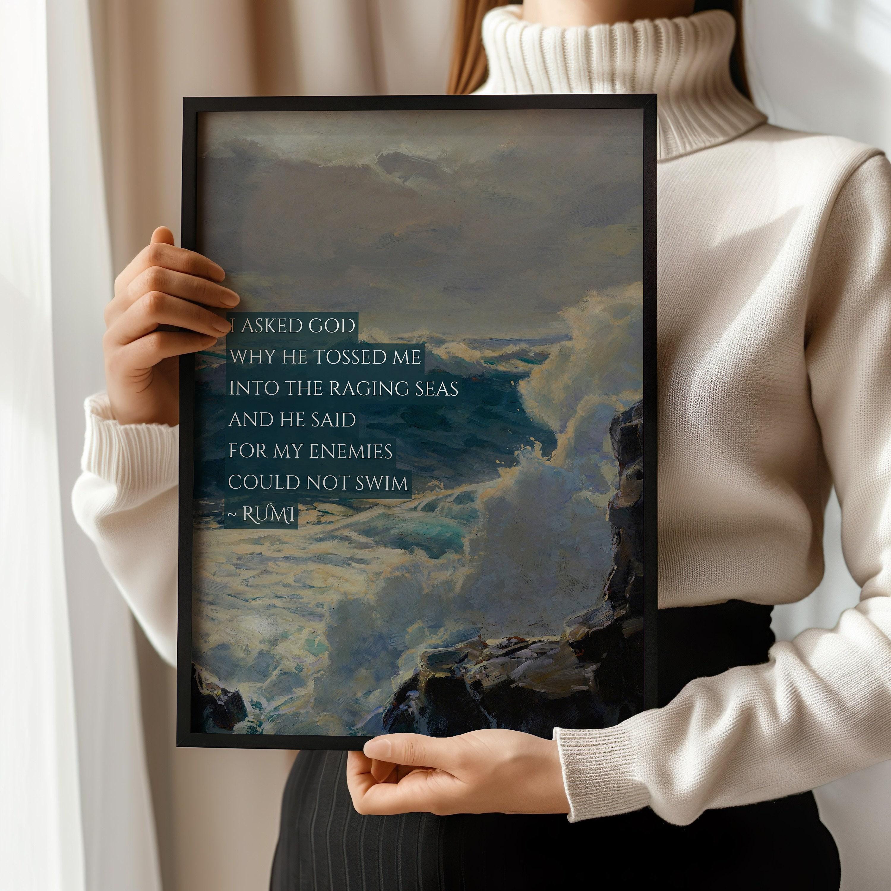 Rumi - Raging Seas PREMIUM GICLÉE PRINT | Inspirational Quote Poetry Poster in Blue (available handframed or unframed) - 9ArtPrints