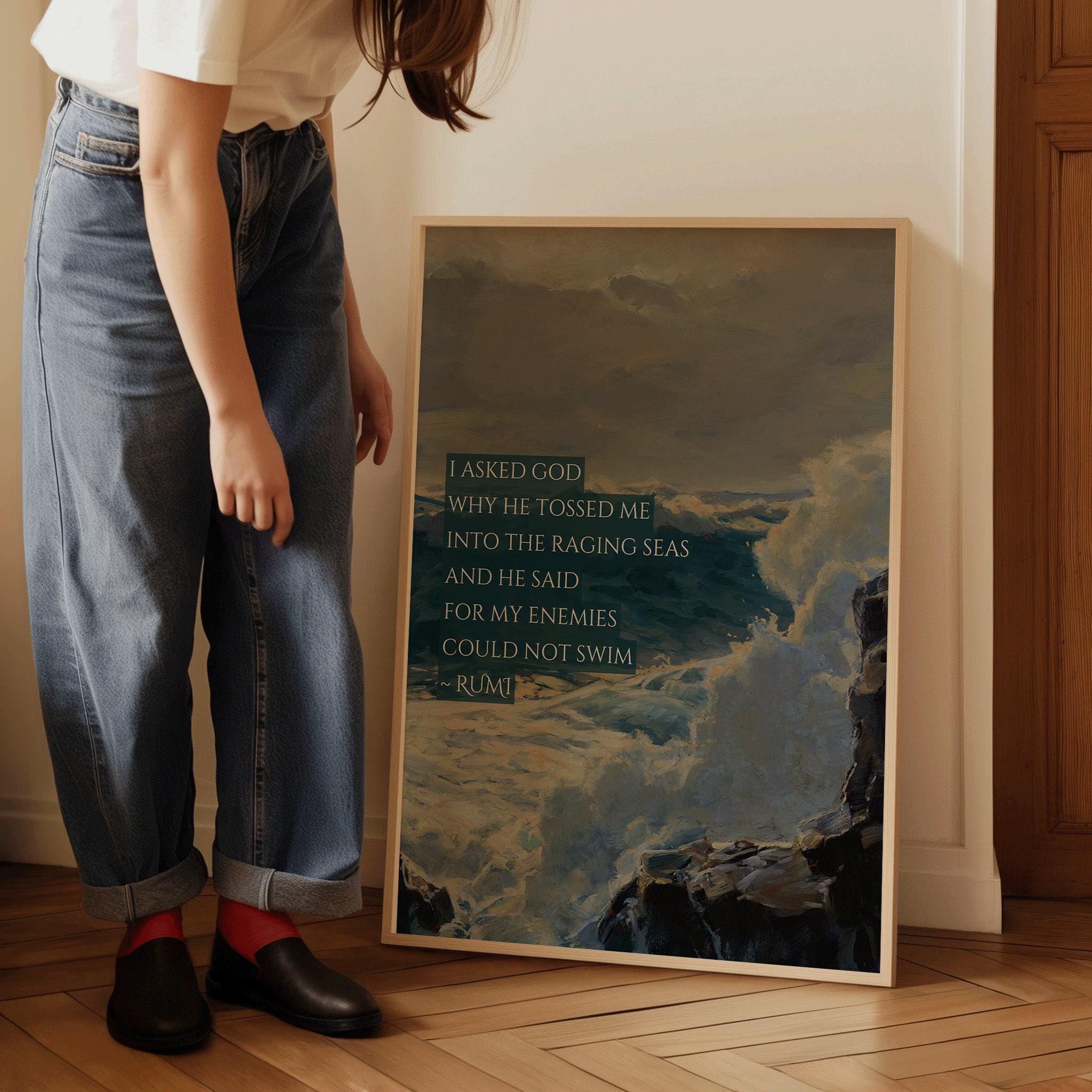 Rumi - Raging Seas PREMIUM GICLÉE PRINT | Inspirational Quote Poetry Poster in Blue (available handframed or unframed) - 9ArtPrints