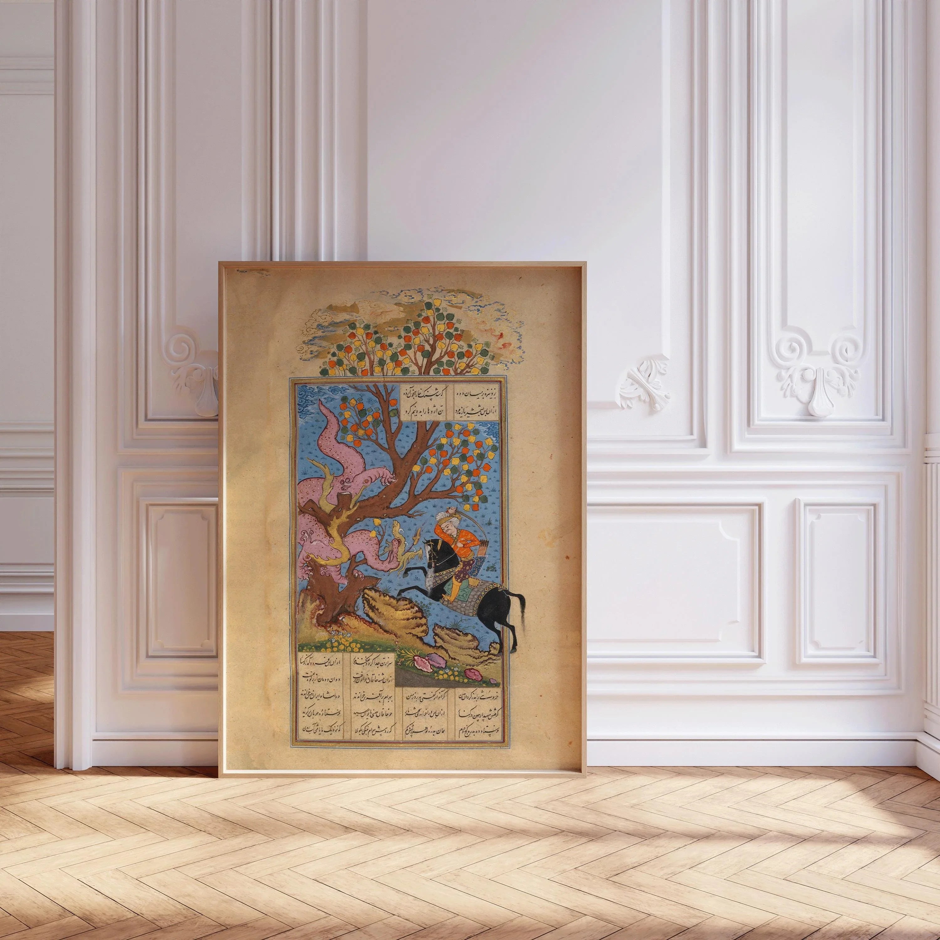 Rustam battles a Div - Shahnama by Firdausi – Persian Miniature Art of Astonishing Detail and Beauty | PRINT Framed Available - 9ArtPrints