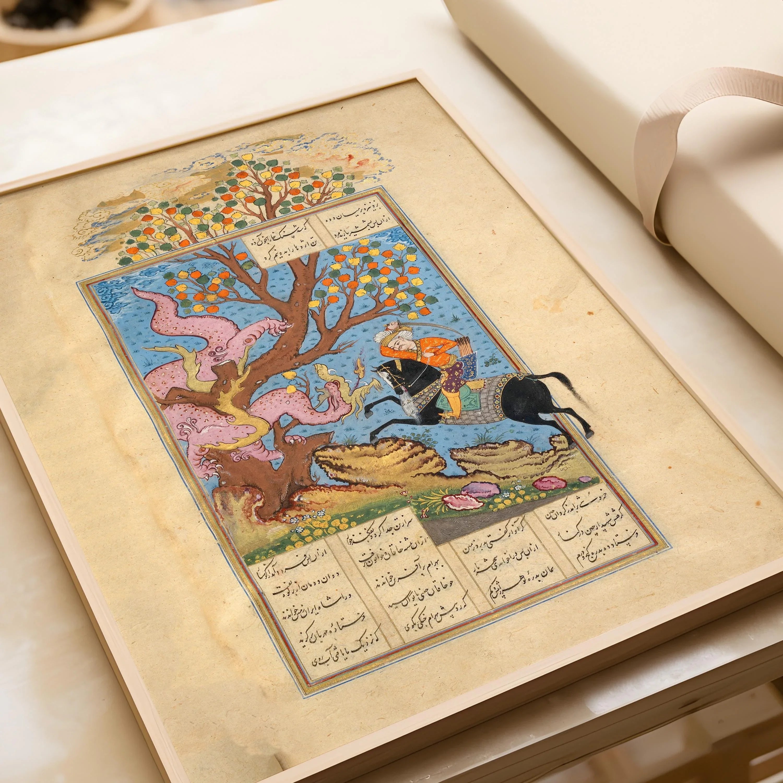 Rustam battles a Div - Shahnama by Firdausi – Persian Miniature Art of Astonishing Detail and Beauty | PRINT Framed Available - 9ArtPrints