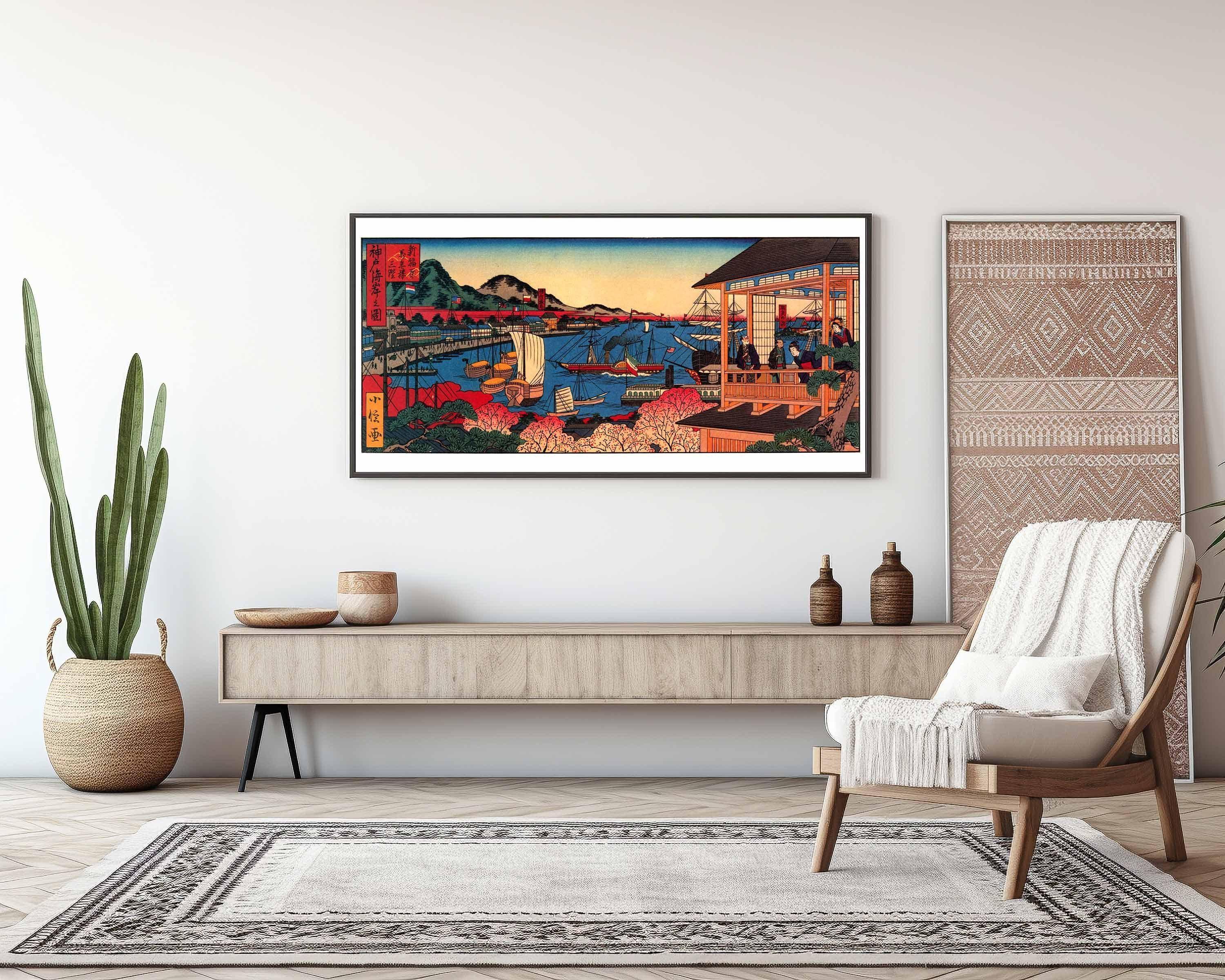 Sadanobu Hasegawa – Illustration of the Kobe Coast | PRINT | Vintage Japanese Wide Panoramic Art (available handframed) 2x1 - 9ArtPrints
