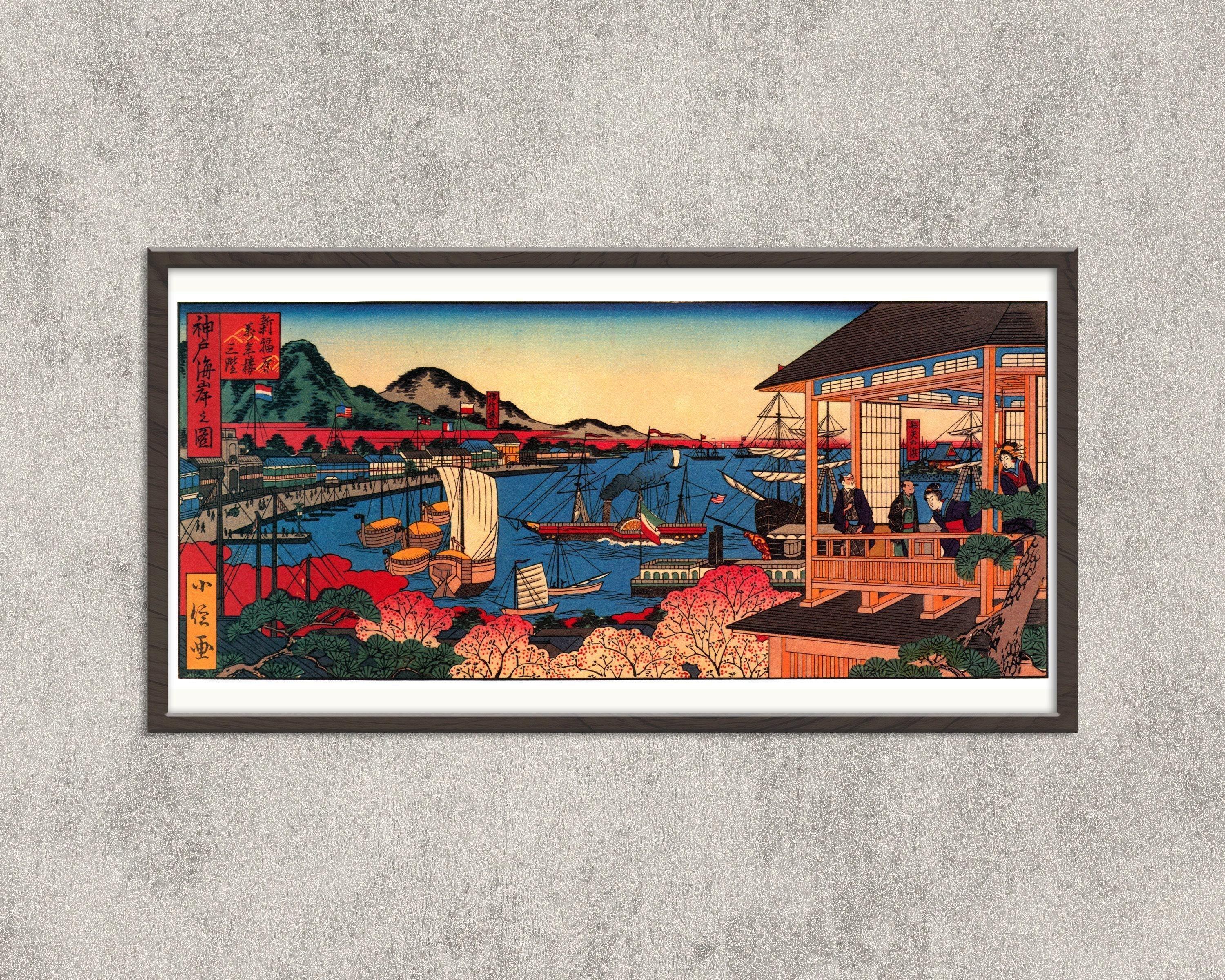 Sadanobu Hasegawa – Illustration of the Kobe Coast | PRINT | Vintage Japanese Wide Panoramic Art (available handframed) 2x1 - 9ArtPrints