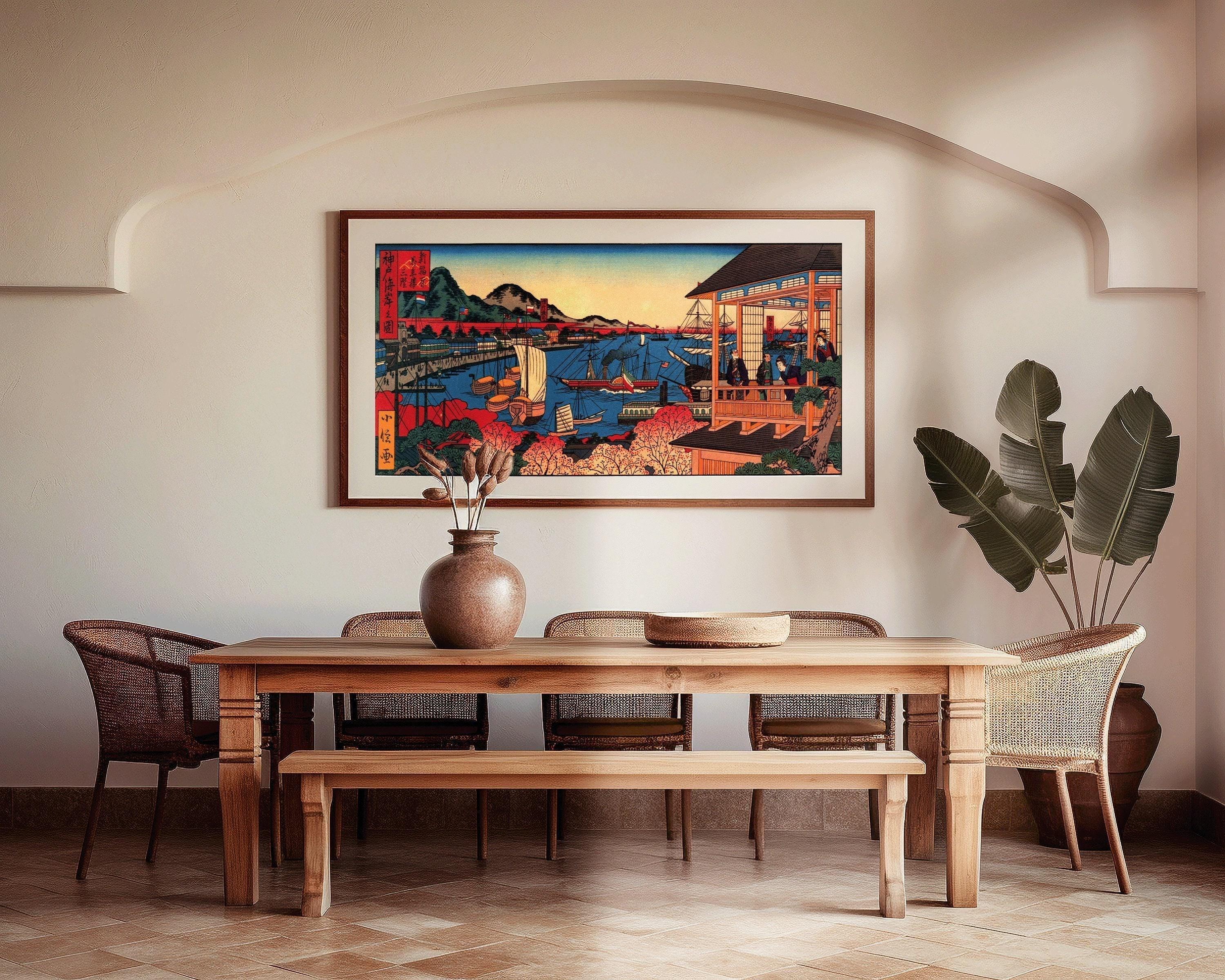 Sadanobu Hasegawa – Illustration of the Kobe Coast | PRINT | Vintage Japanese Wide Panoramic Art (available handframed) 2x1 - 9ArtPrints