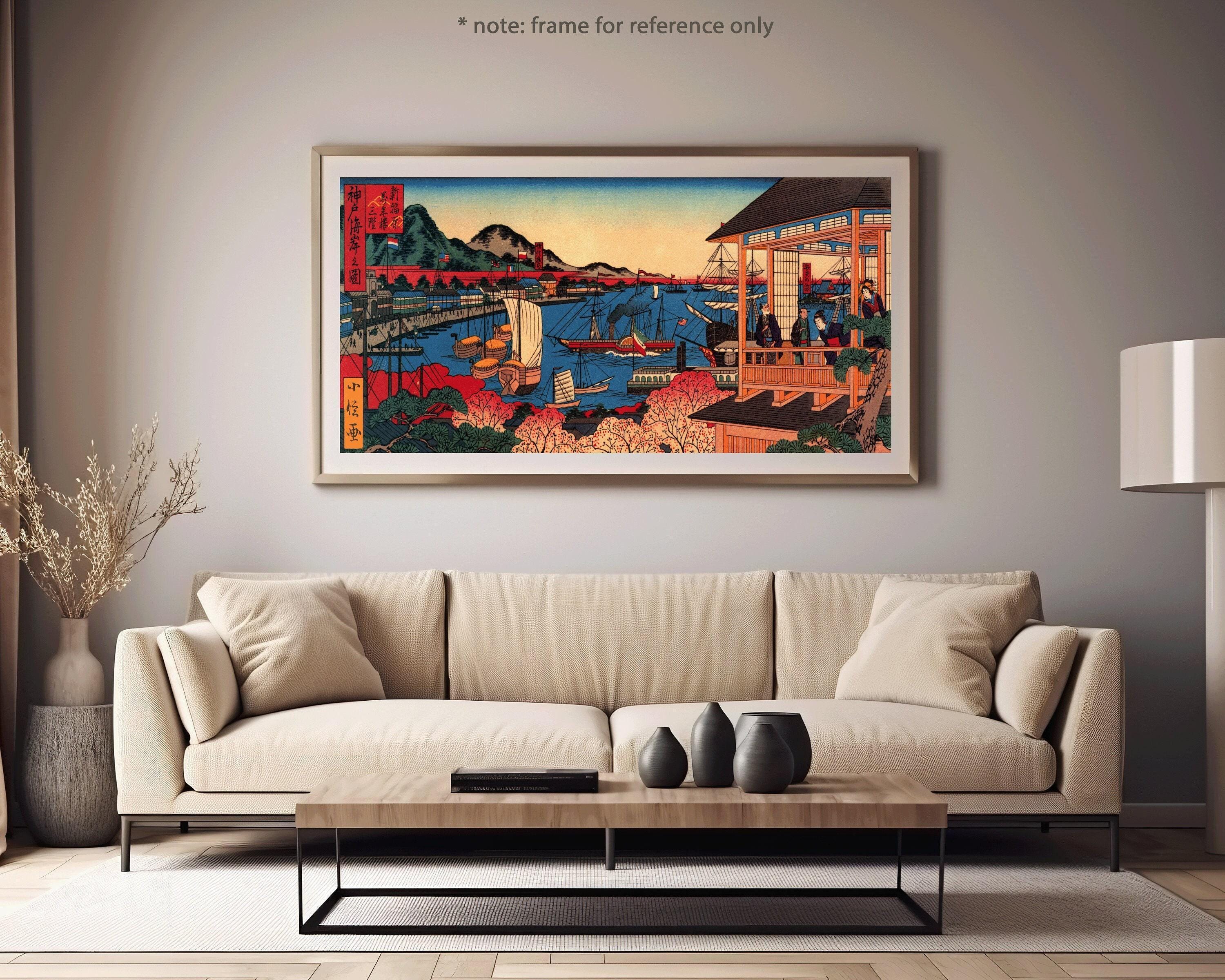 Sadanobu Hasegawa – Illustration of the Kobe Coast | PRINT | Vintage Japanese Wide Panoramic Art (available handframed) 2x1 - 9ArtPrints