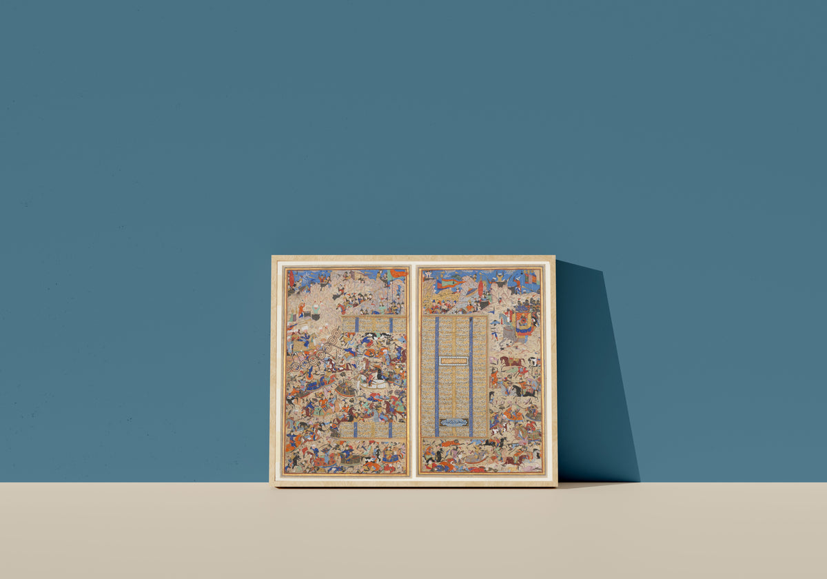 Framed art print of Battle Scene by Shahnameh (Firdausi), in a light wood frame leaning on a blue wall
