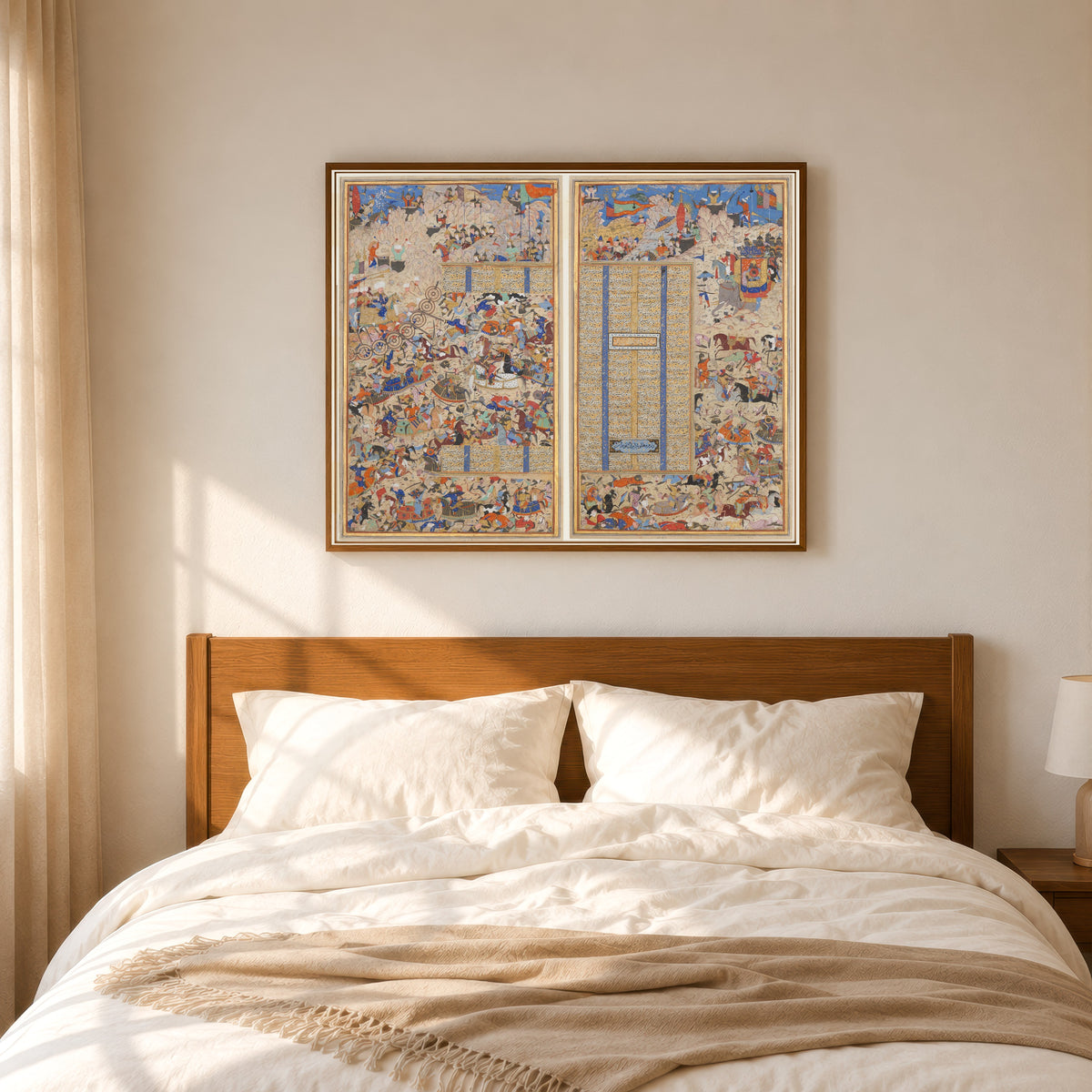 Framed art print of Battle Scene by Shahnameh (Firdausi), in a slim wood frame above a bed in a sunlit bedroom