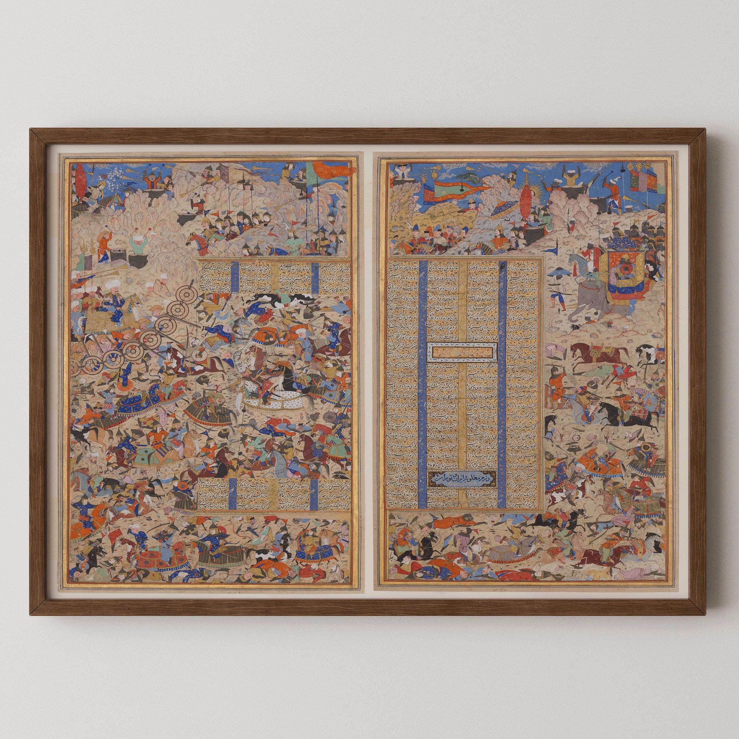 Shahnama Epic Art Print: Persian Miniature Battle Scene, Giclee on Hahnemühle Paper - 9ArtPrints