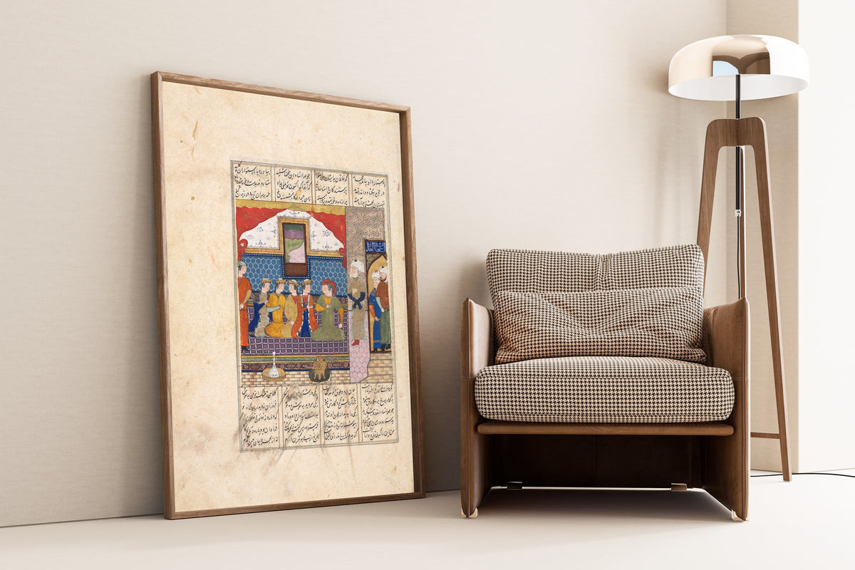 Framed art print of Shahnama: Nushirwan Sends Mihran Sitad to Fetch the Daughter of the King of…, leaning against a wall beside an armchair and a floor lamp