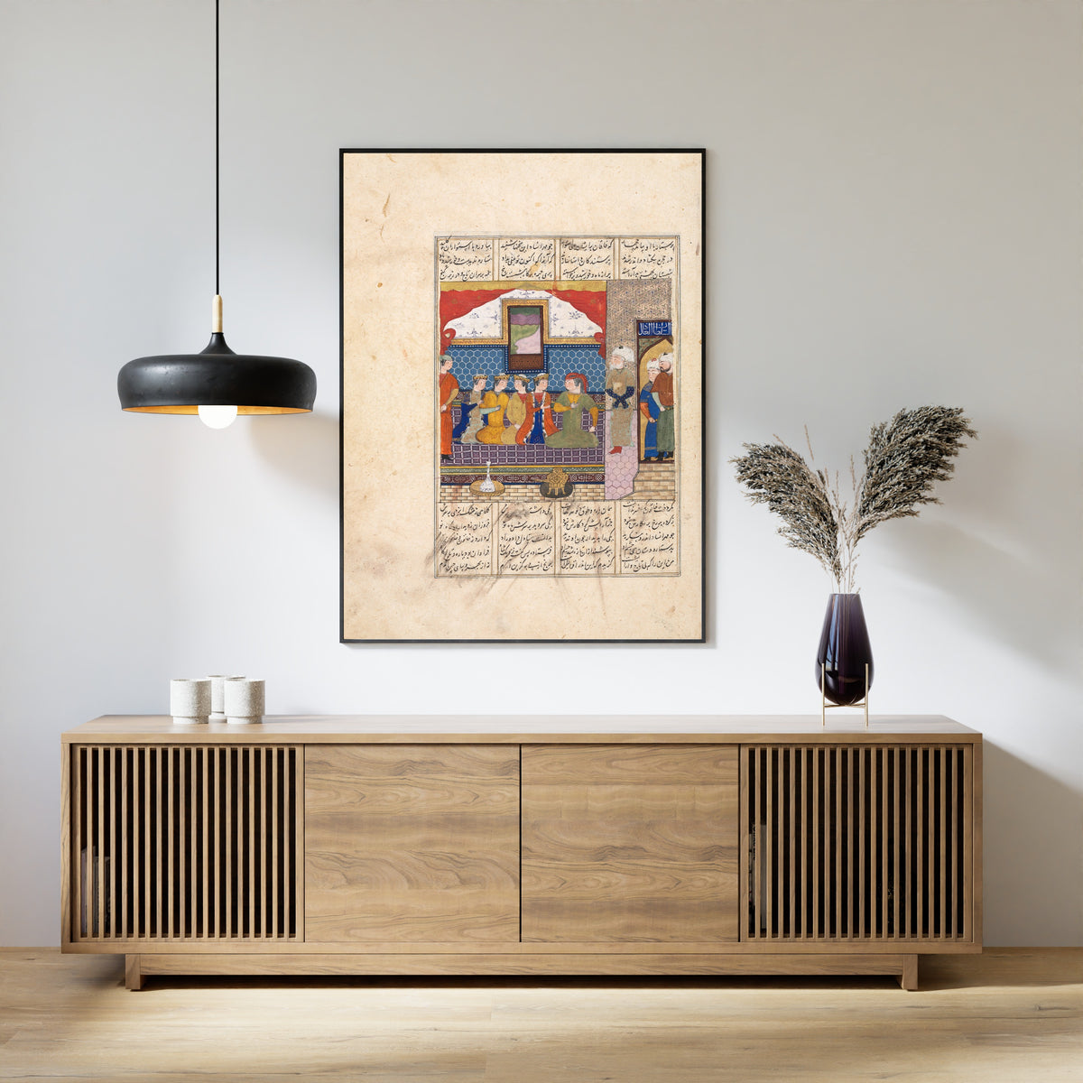 Framed art print of Shahnama: Nushirwan Sends Mihran Sitad to Fetch the Daughter of the King of China, above a slatted wood sideboard