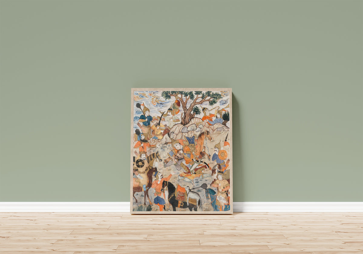 Framed art print of Isfandiyar Kills Bidarafsh by Shahnameh (Firdausi), in a light wood frame leaning on a sage green wall above a wooden floor