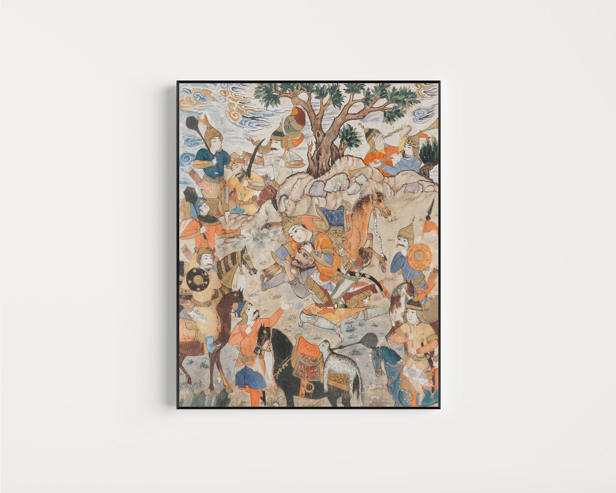 Framed art print of Isfandiyar Kills Bidarafsh by Shahnameh (Firdausi), in a slim black frame on a plain white wall