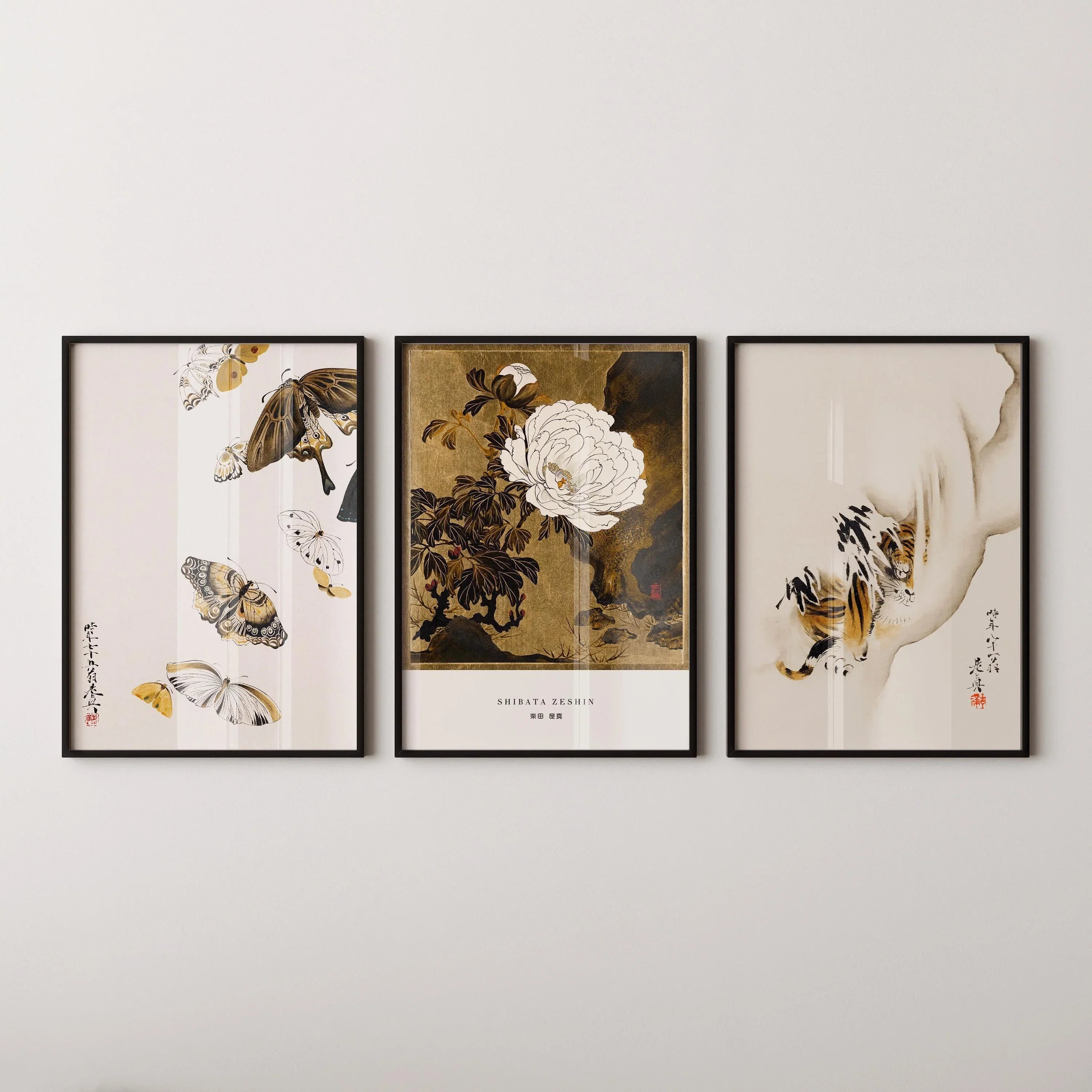 Shibata Zeshin STATEMENT TRIO Minimalist | Butterflies, Peonies, and Tiger | Vintage Japanese Art in Gold available framed - 9ArtPrints