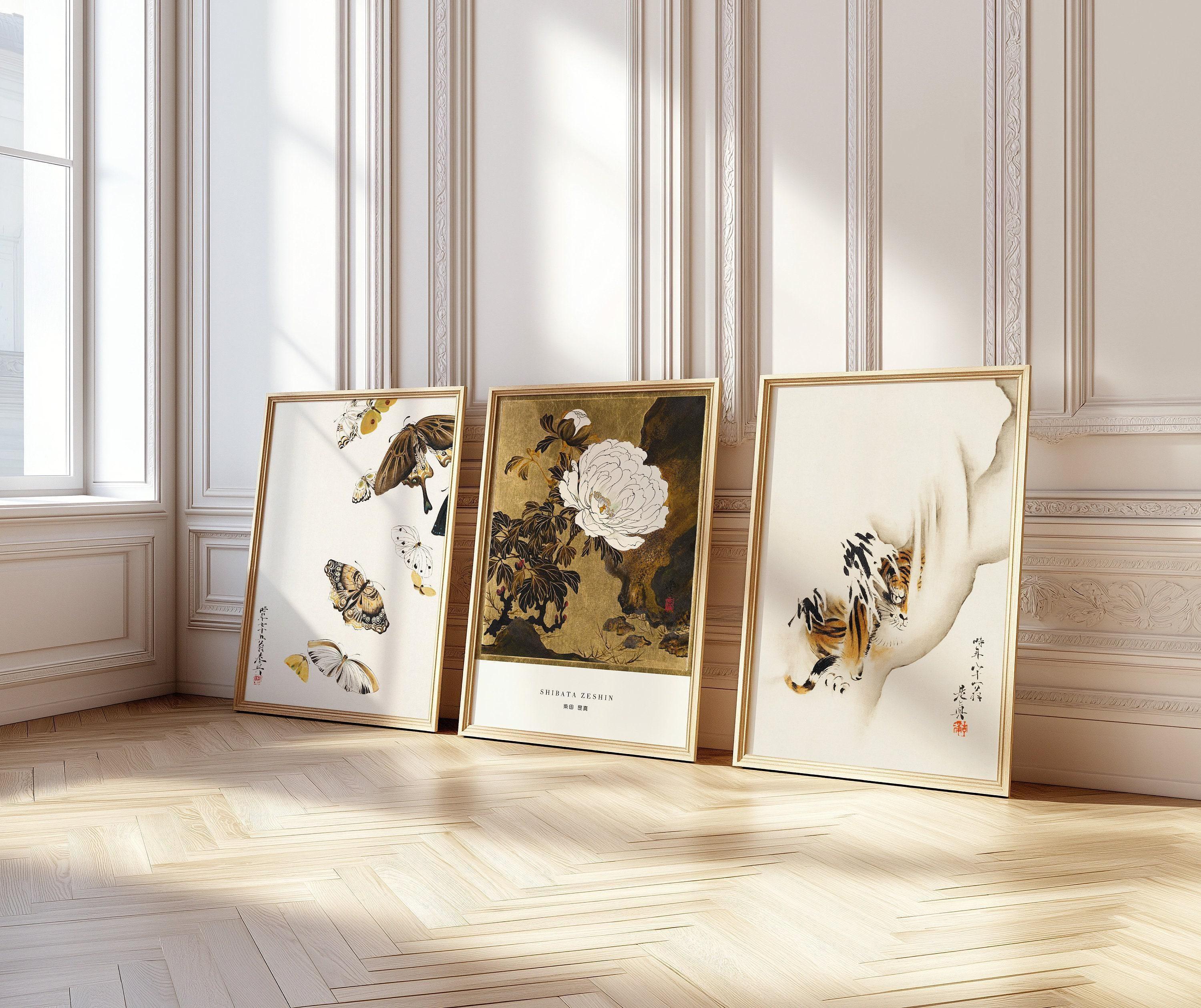 Shibata Zeshin STATEMENT TRIO Minimalist | Butterflies, Peonies, and Tiger | Vintage Japanese Art in Gold available framed - 9ArtPrints