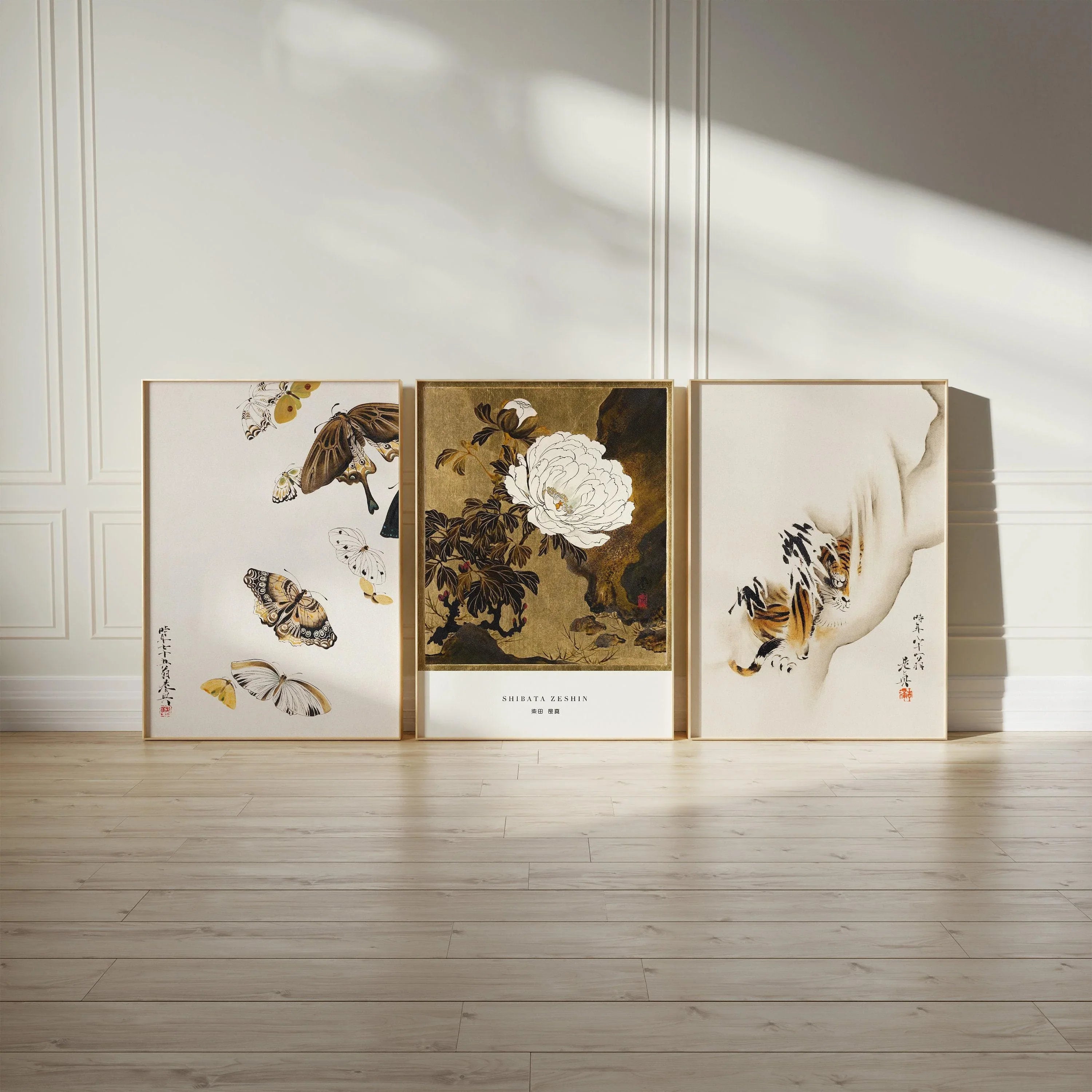 Shibata Zeshin STATEMENT TRIO Minimalist | Butterflies, Peonies, and Tiger | Vintage Japanese Art in Gold available framed - 9ArtPrints